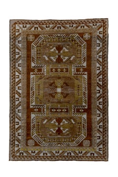 Vintage Kars Rug with Dark Green Field and Brown Details