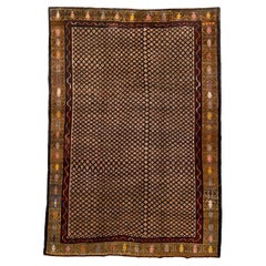 Tapis Kars vintage avec motif de terrain et treillis bleu marine