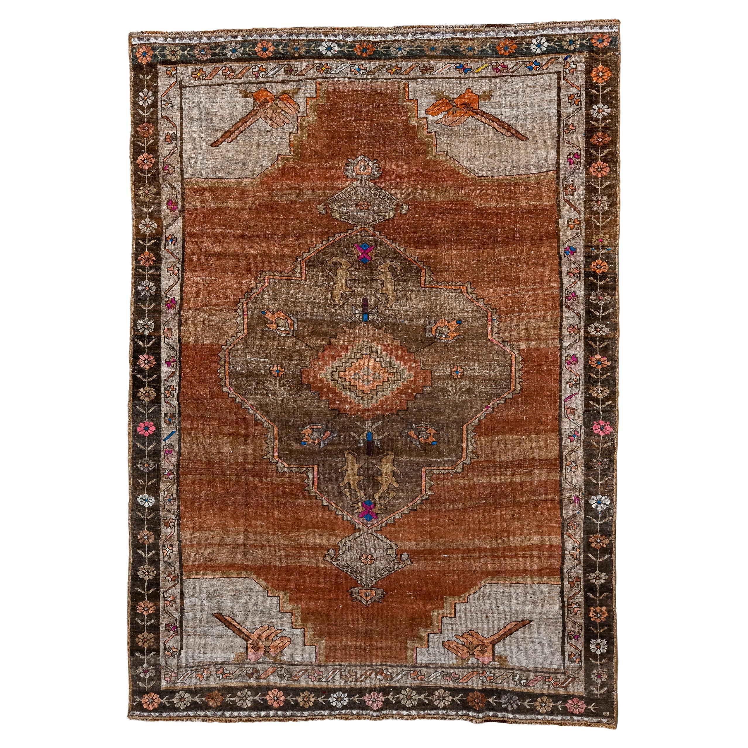 Vintage Kars Rug with Open Field and Floral Border 
