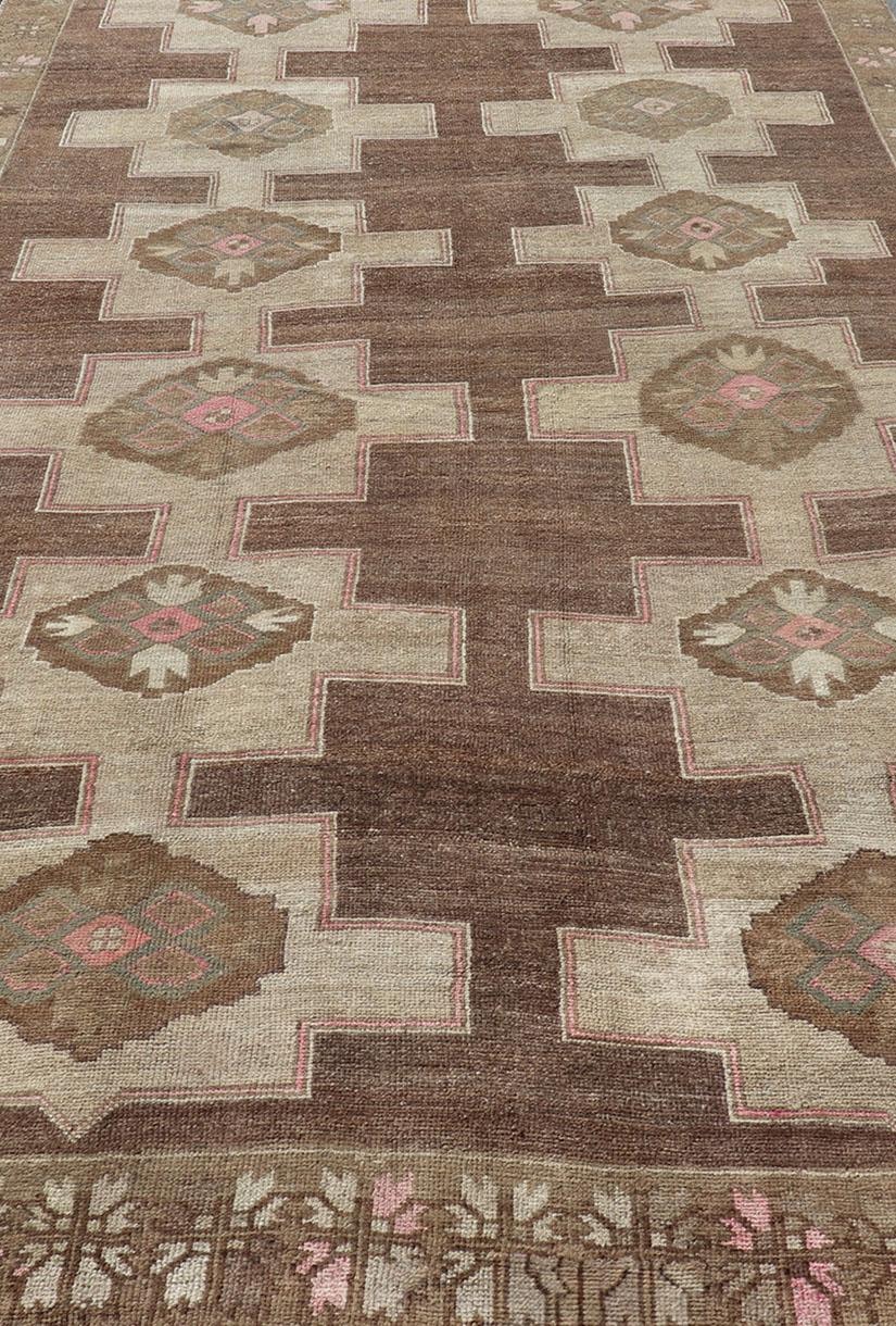 Vintage Kars Wide Gallery Rug in Brown Colors, Tan, Taupe and Light Green For Sale 1