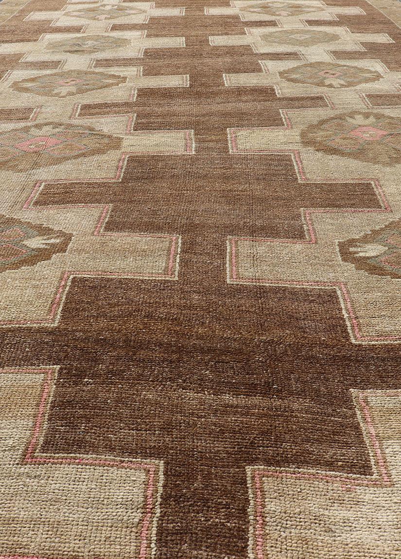 Vintage Kars Wide Gallery Rug in Brown Colors, Tan, Taupe and Light Green For Sale 2