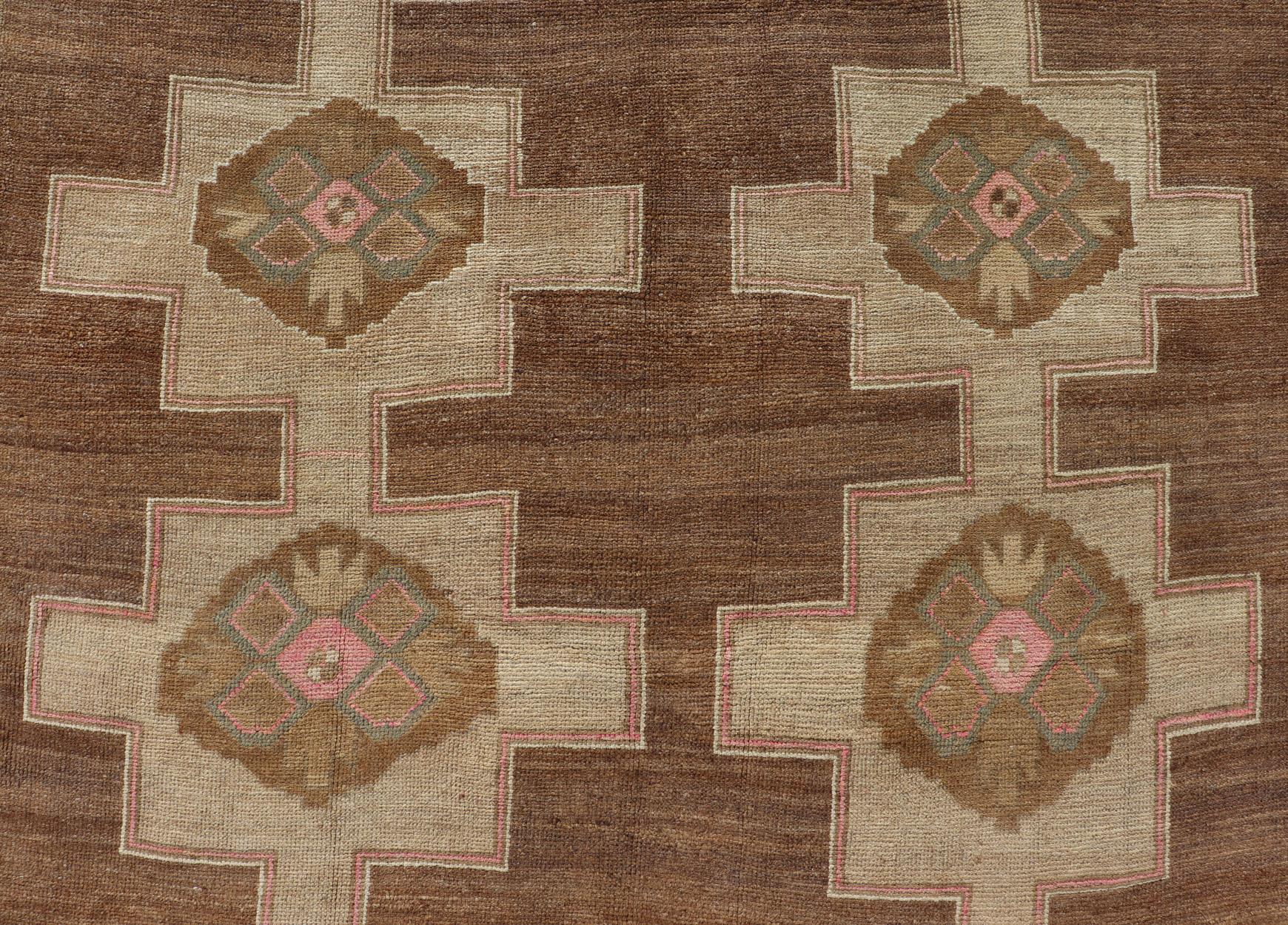 Vintage Kars Wide Gallery Rug in Brown Colors, Tan, Taupe and Light Green For Sale 3