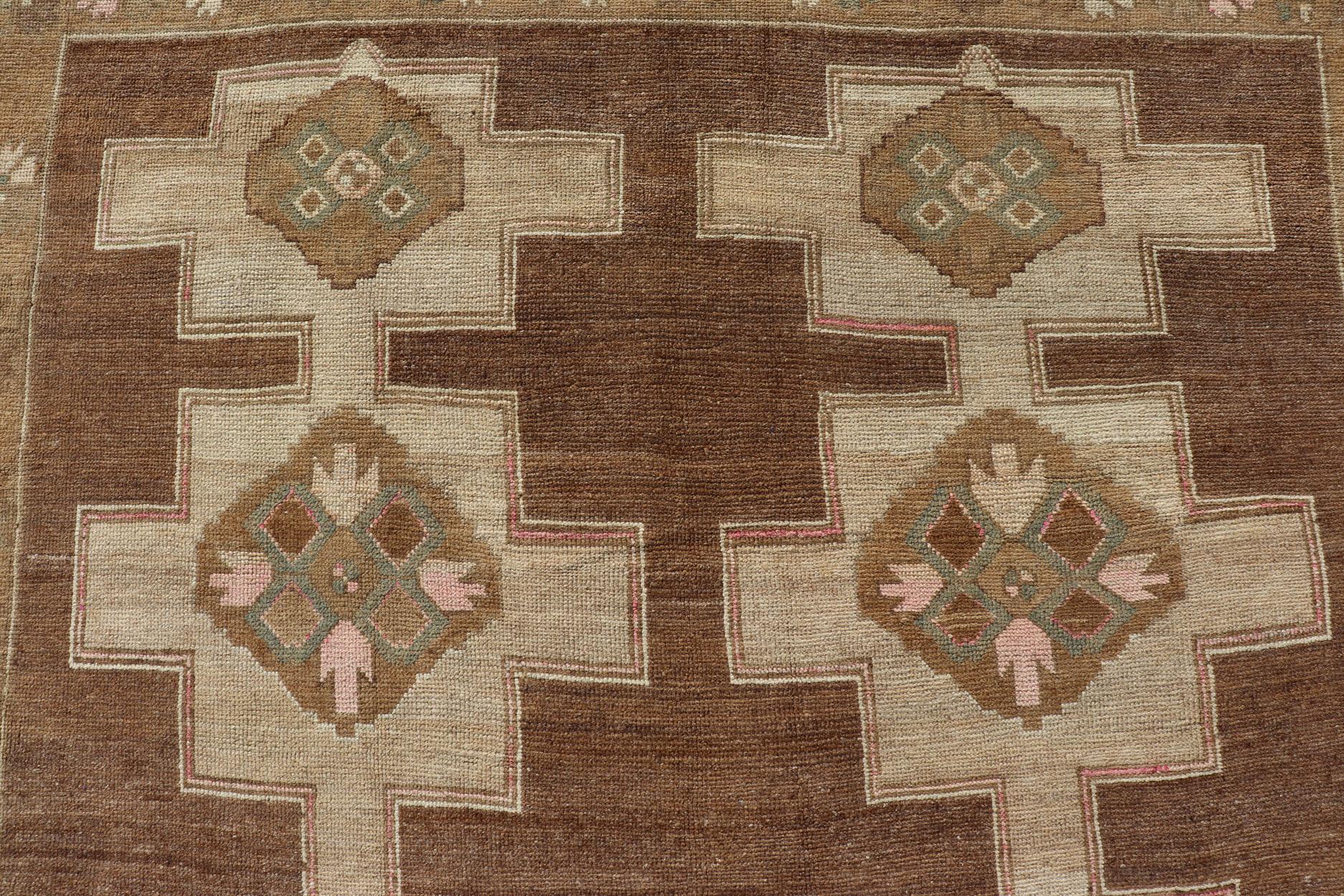 Vintage Kars Wide Gallery Rug in Brown Colors, Tan, Taupe and Light Green For Sale 4