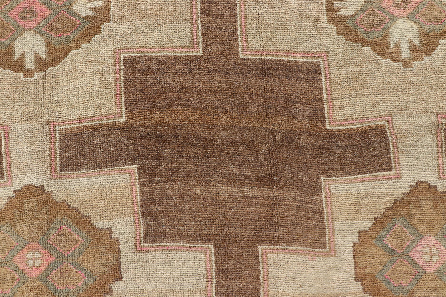 Vintage Kars Wide Gallery Rug in Brown Colors, Tan, Taupe and Light Green For Sale 5