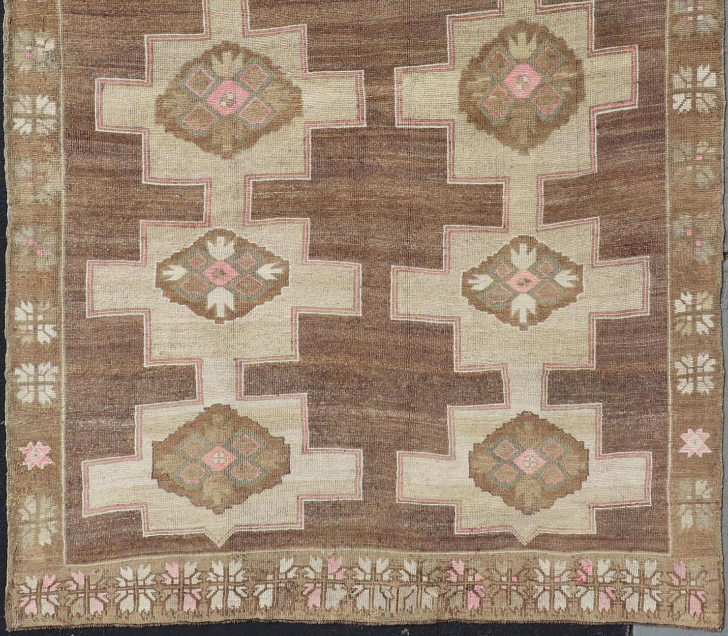Oushak Vintage Kars Wide Gallery Rug in Brown Colors, Tan, Taupe and Light Green For Sale