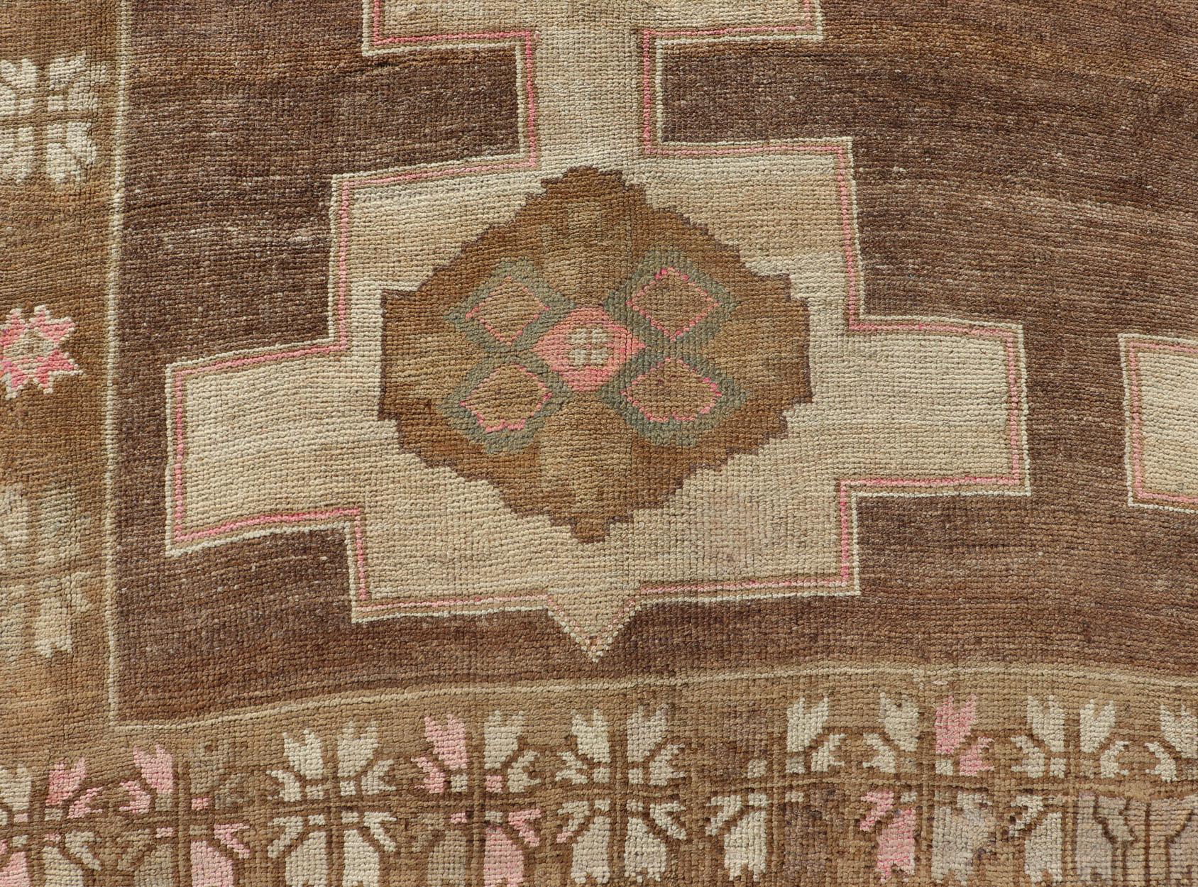 Turkish Vintage Kars Wide Gallery Rug in Brown Colors, Tan, Taupe and Light Green For Sale