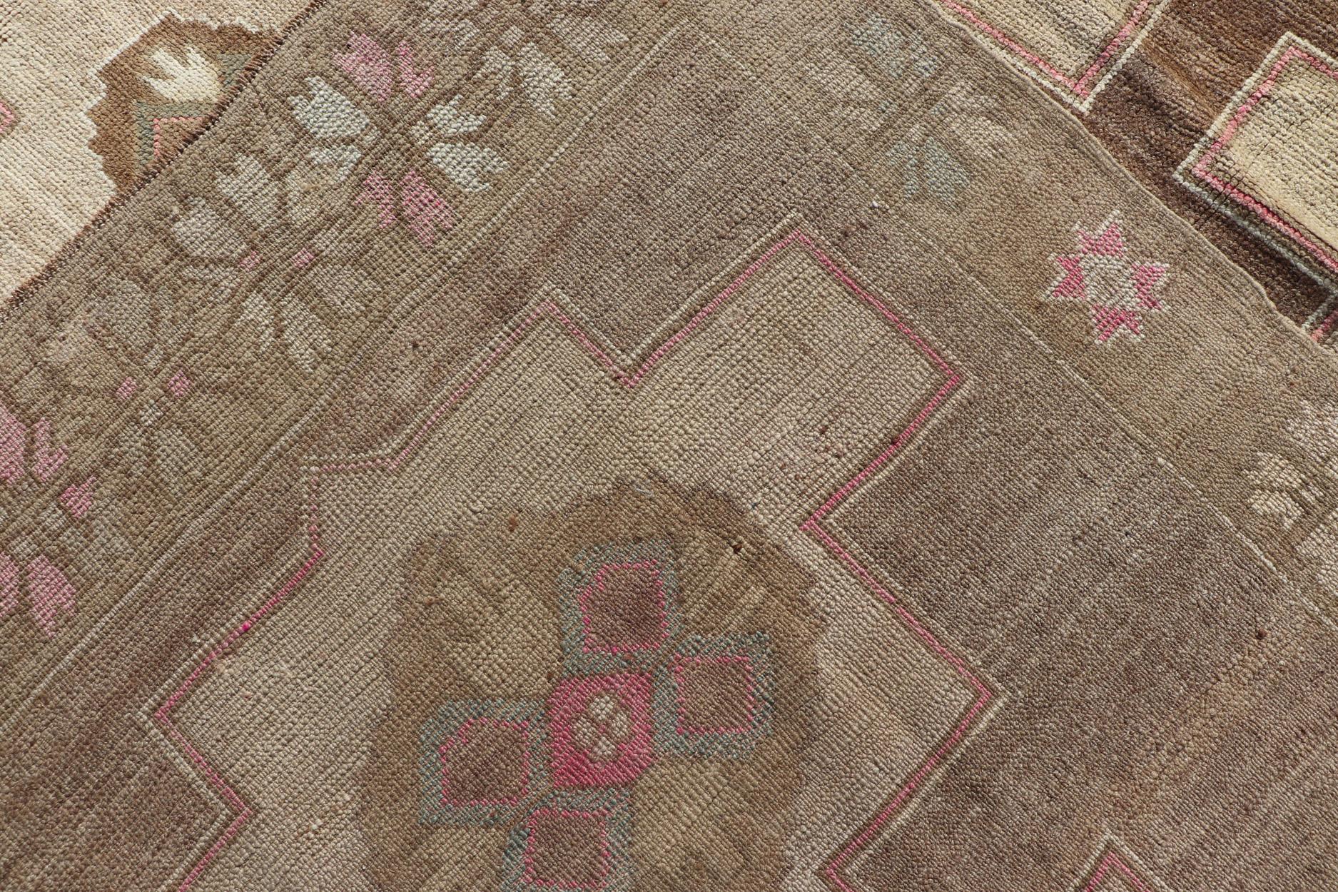 Vintage Kars Wide Gallery Rug in Brown Colors, Tan, Taupe and Light Green In Good Condition For Sale In Atlanta, GA