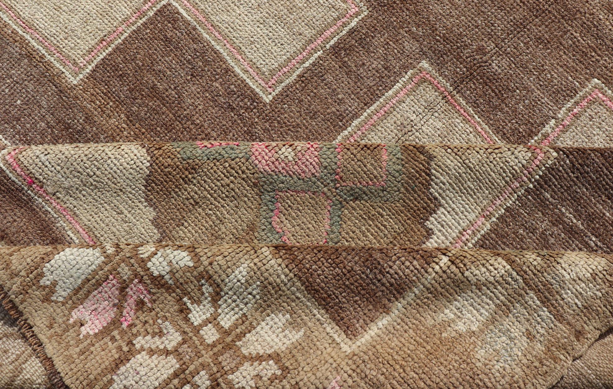 20th Century Vintage Kars Wide Gallery Rug in Brown Colors, Tan, Taupe and Light Green For Sale