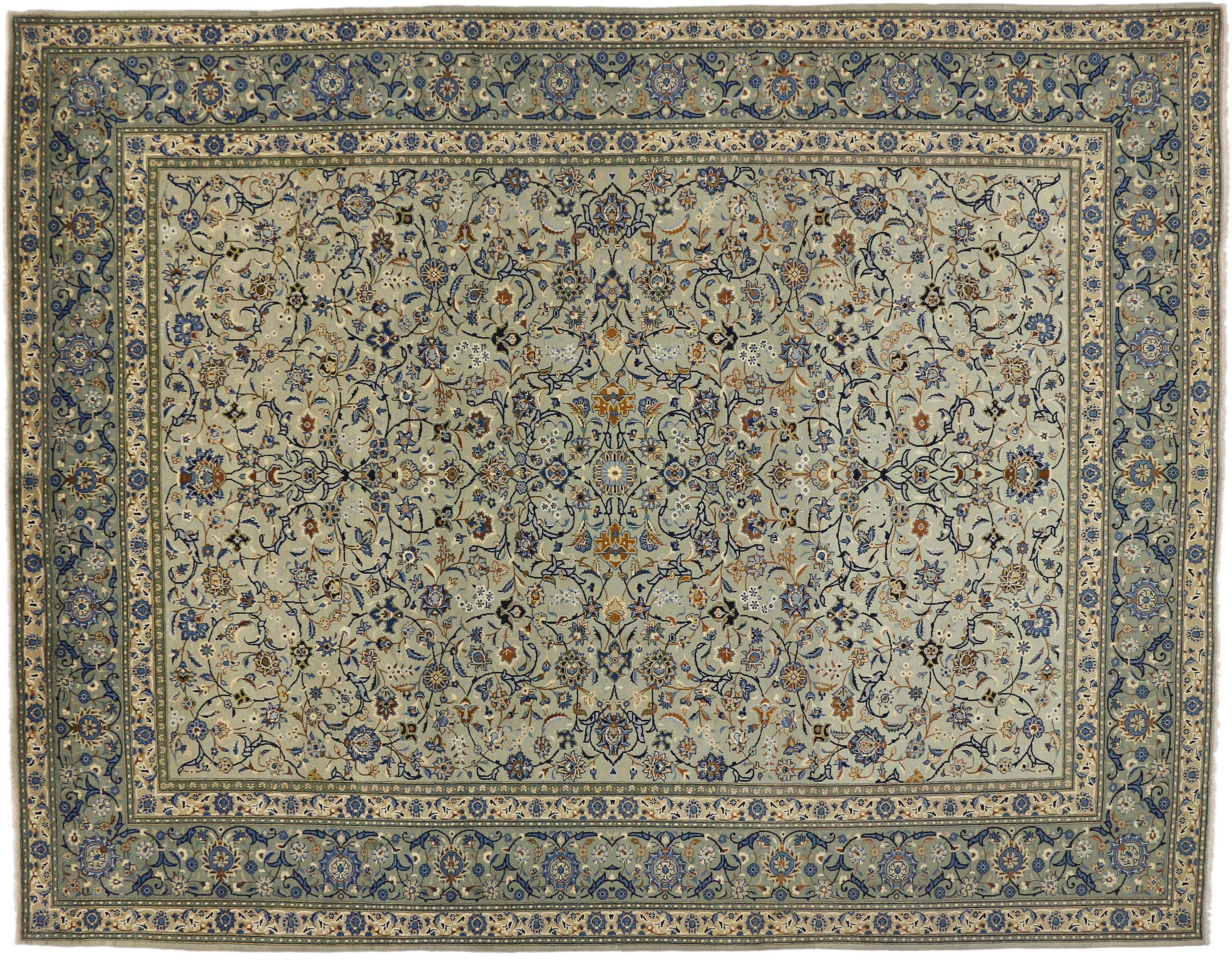 76408 Vintage Kashan Light Blue Persian Rug 09'10 x 12'07. Set off with stylish levels of complexity and its highly decorative aesthetic, this hand-knotted wool vintage Kashan light blue Persian rug features an all-over floral pattern with