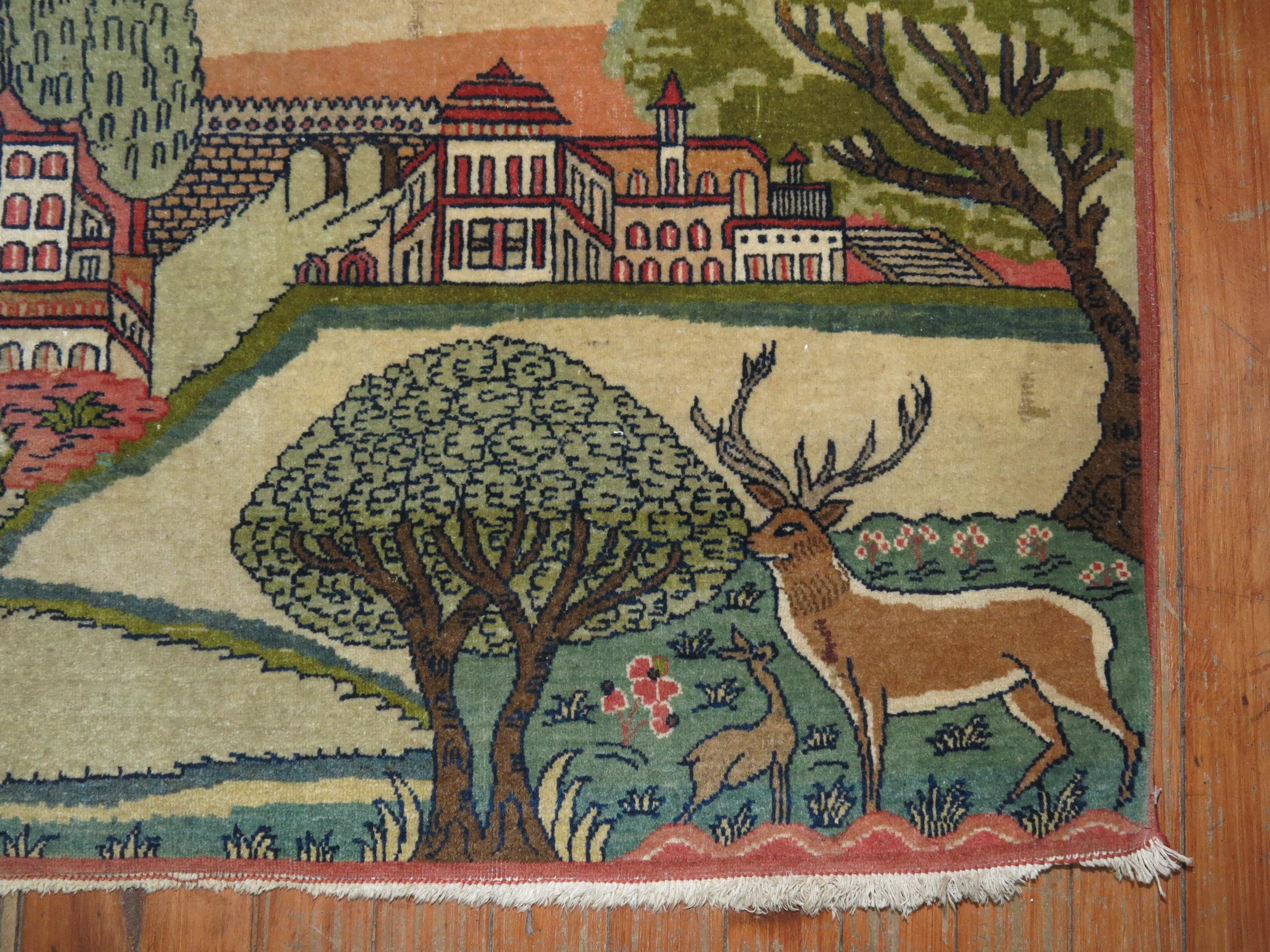 Tapis pictural vintage Kashan unique en son genre, datant du milieu du 20e siècle.