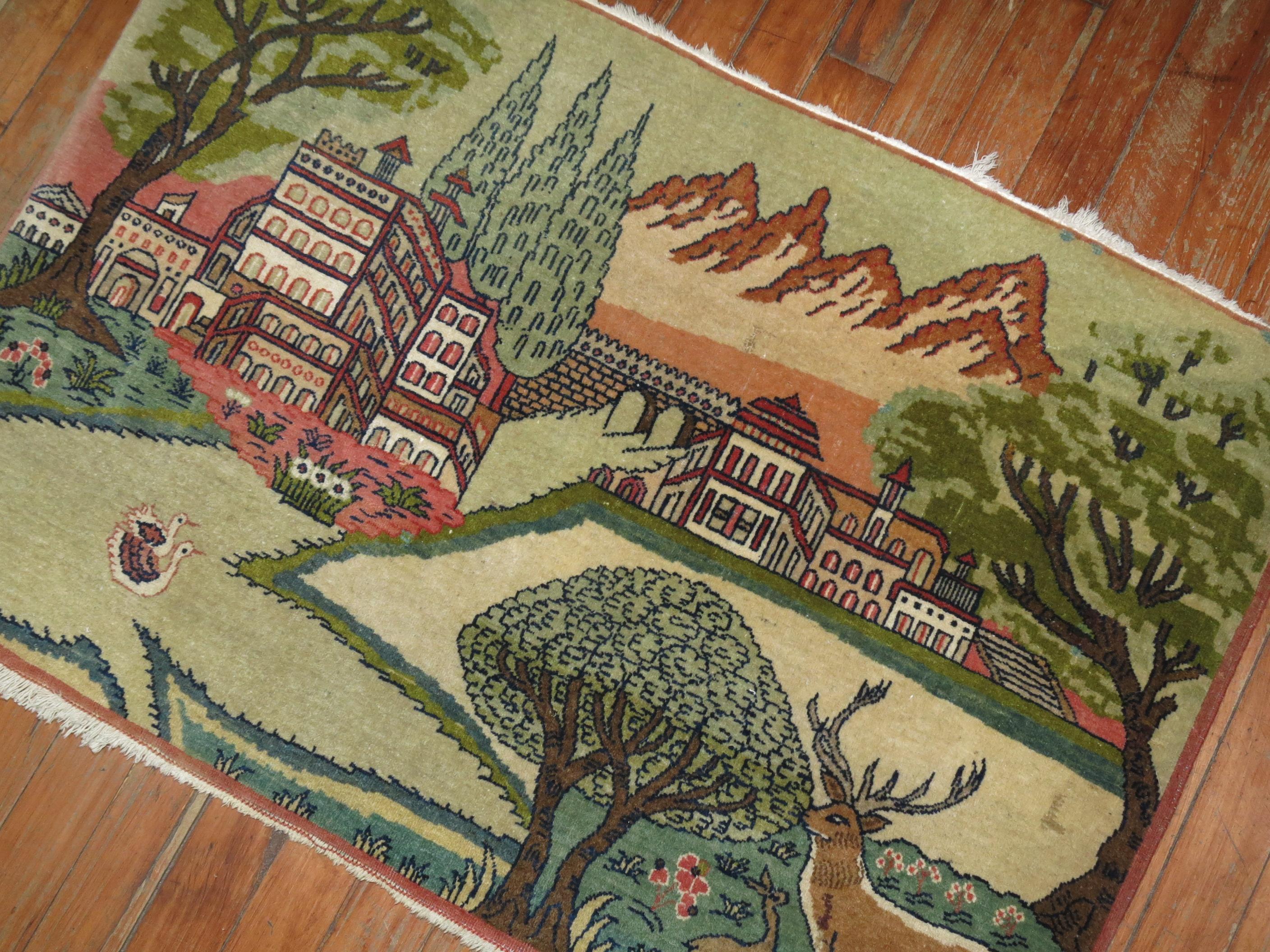 Kashan-Teppich mit malerischer Landschaftsszene (Volkskunst) im Angebot