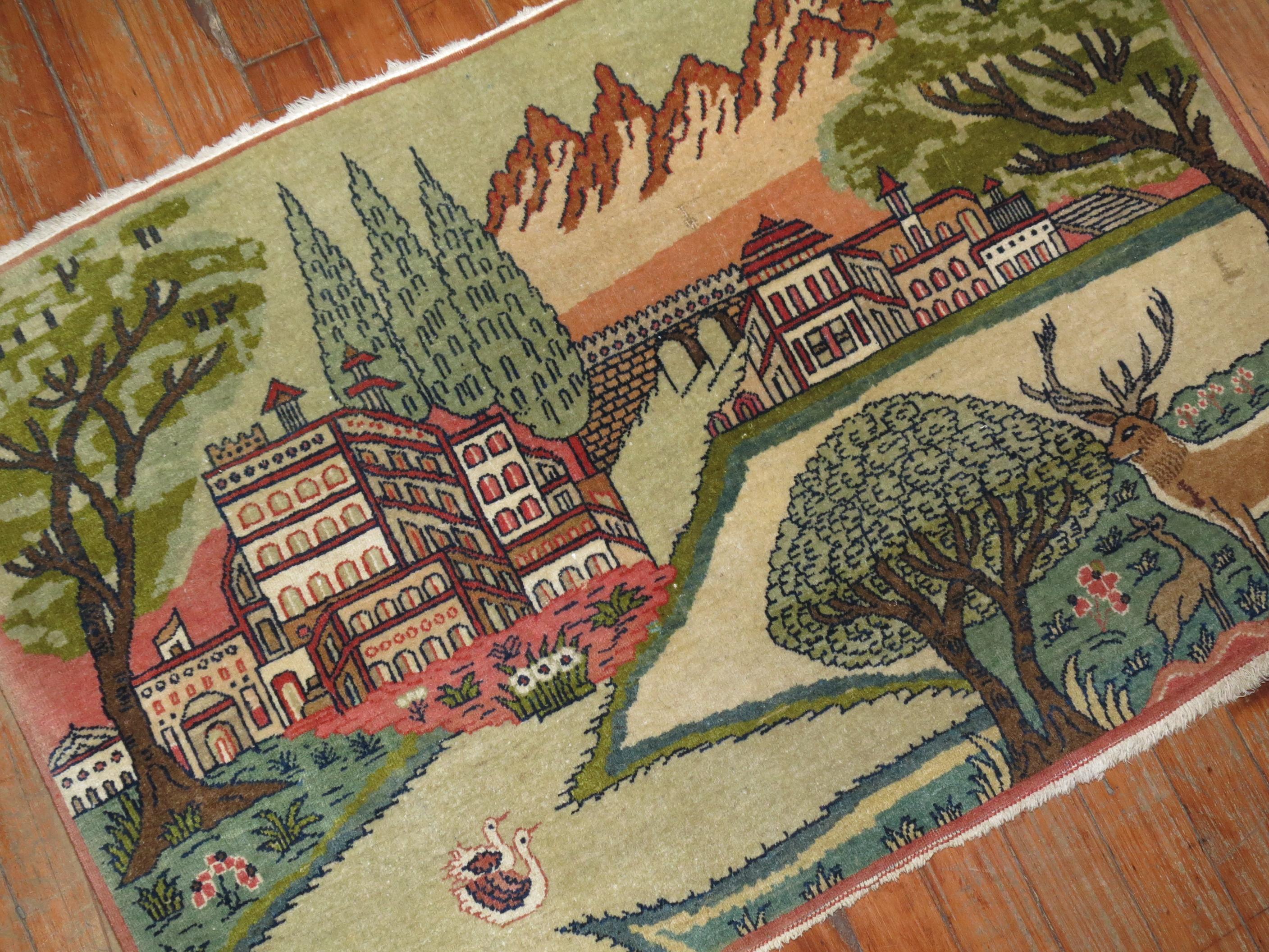 Hand-Knotted Vintage Kashan Pictorial Landscape Scenery Rug For Sale