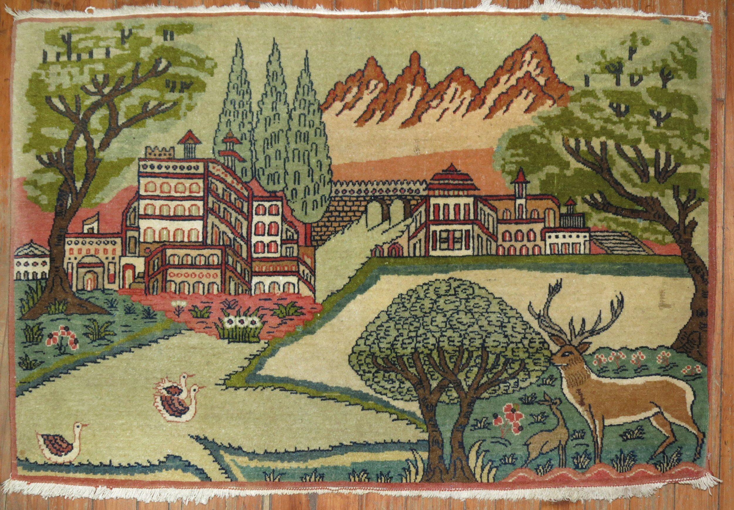 20th Century Vintage Kashan Pictorial Landscape Scenery Rug For Sale