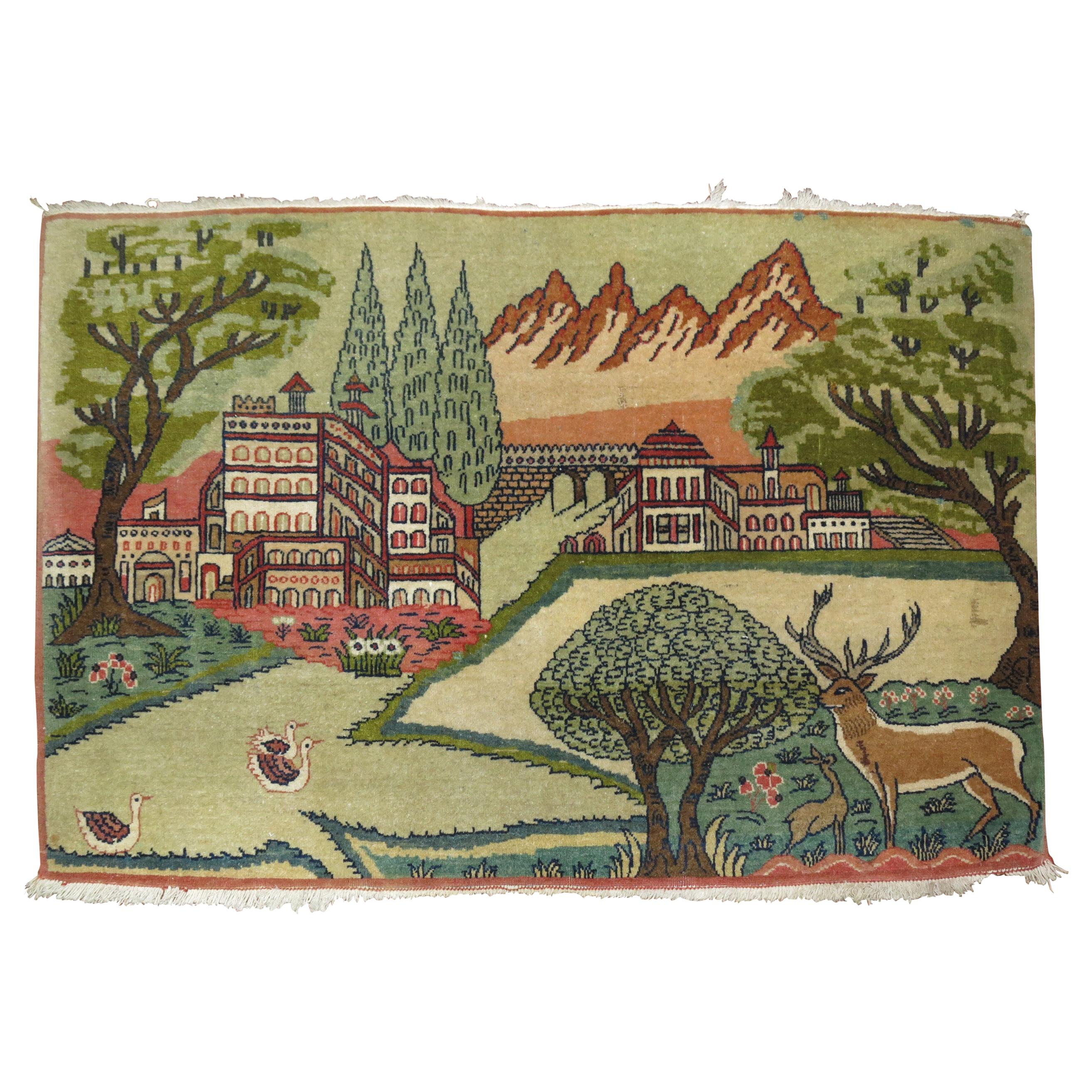 Vintage Kashan Pictorial Landscape Scenery Rug For Sale