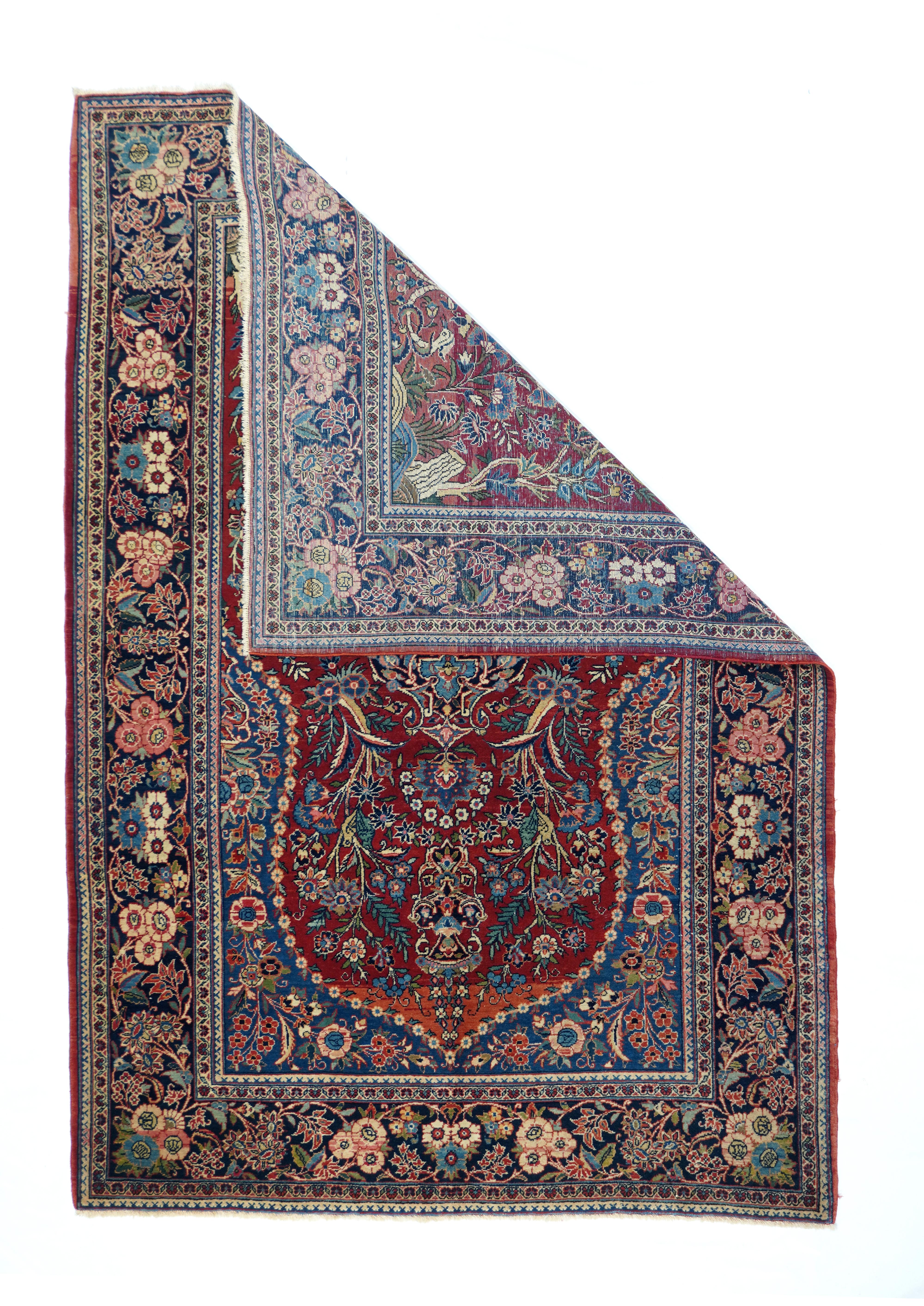 Vintage Kashan rug 4'.4'' x 6.6''. The lightly pinched pointed red niche field of this well-woven Central Persian town rug is based on a black amphora vase exuberantly developing full-face garden flowers, set beneath a navy arabesque cartouche and