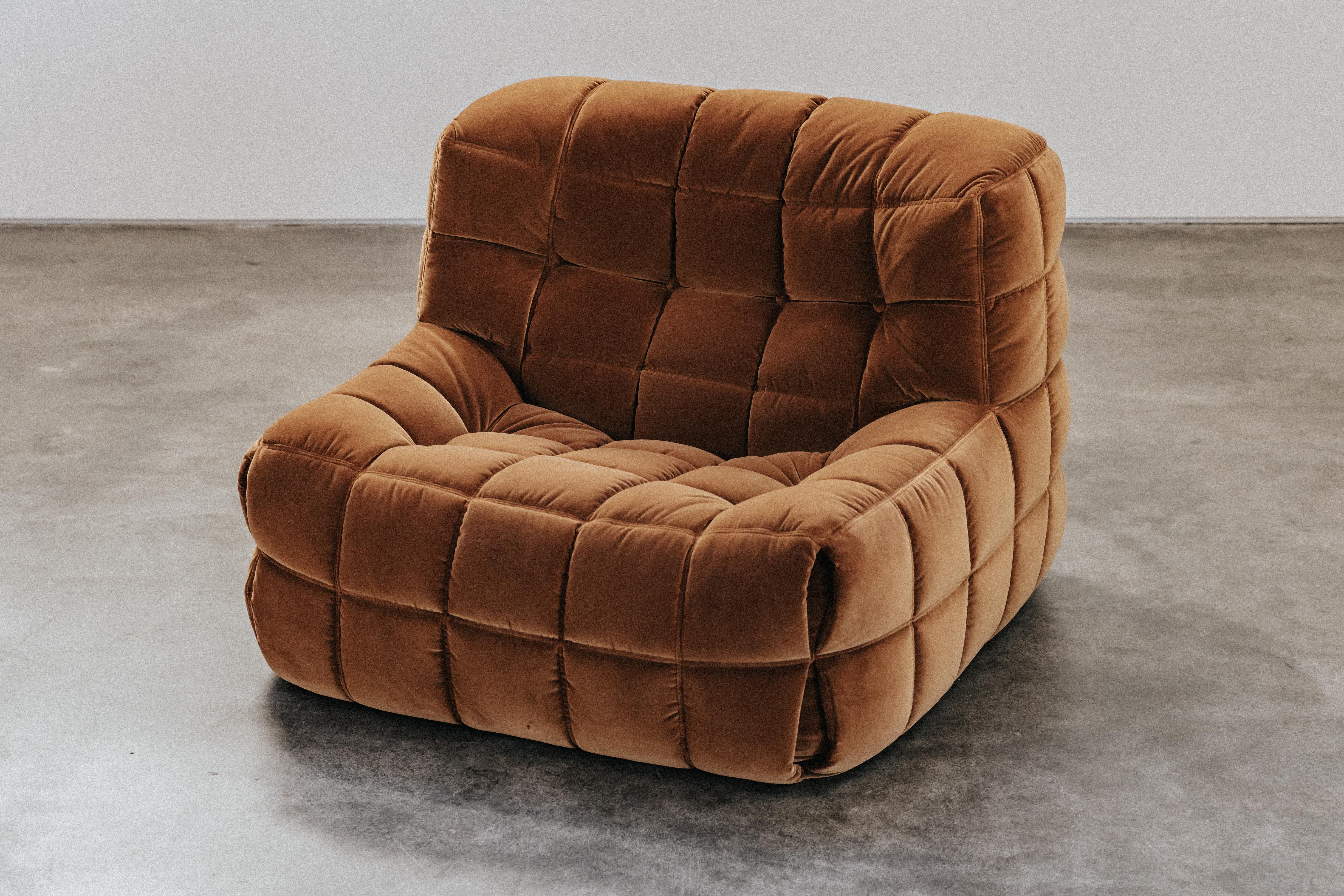 Vintage Kashima Lounge Chair For Ligne Roset, France 1970s.  Very comfortable model, later upholstered in a copper colored velvet.  Excellent condition.