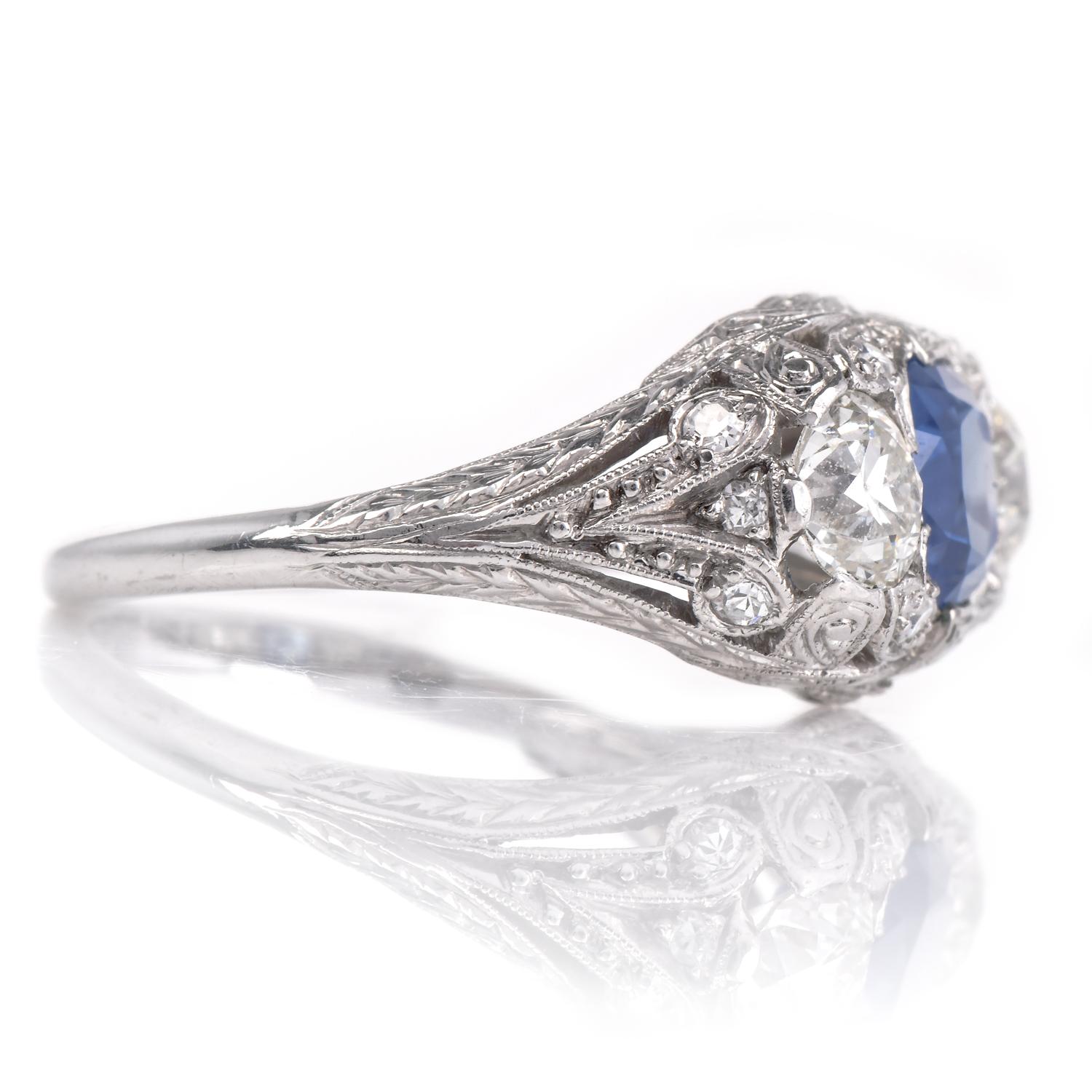 Oval Cut Vintage Kashmir No Heat Sapphire  Diamond Platinum Three Stone Ring For Sale