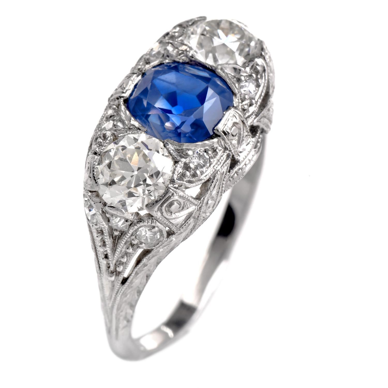 Vintage Kashmir No Heat Sapphire  Diamond Platinum Three Stone Ring In Excellent Condition For Sale In Miami, FL