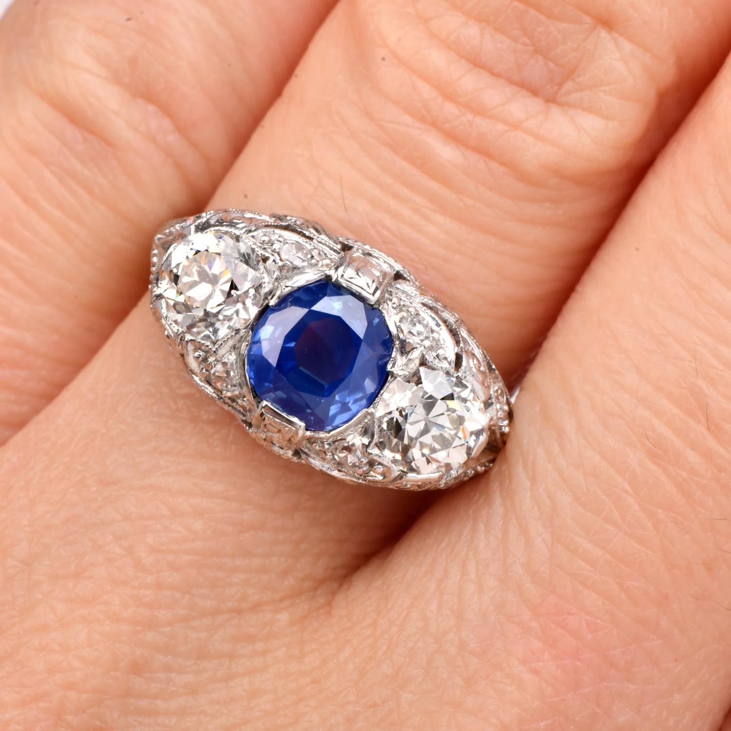 Women's Vintage Kashmir No Heat Sapphire  Diamond Platinum Three Stone Ring For Sale