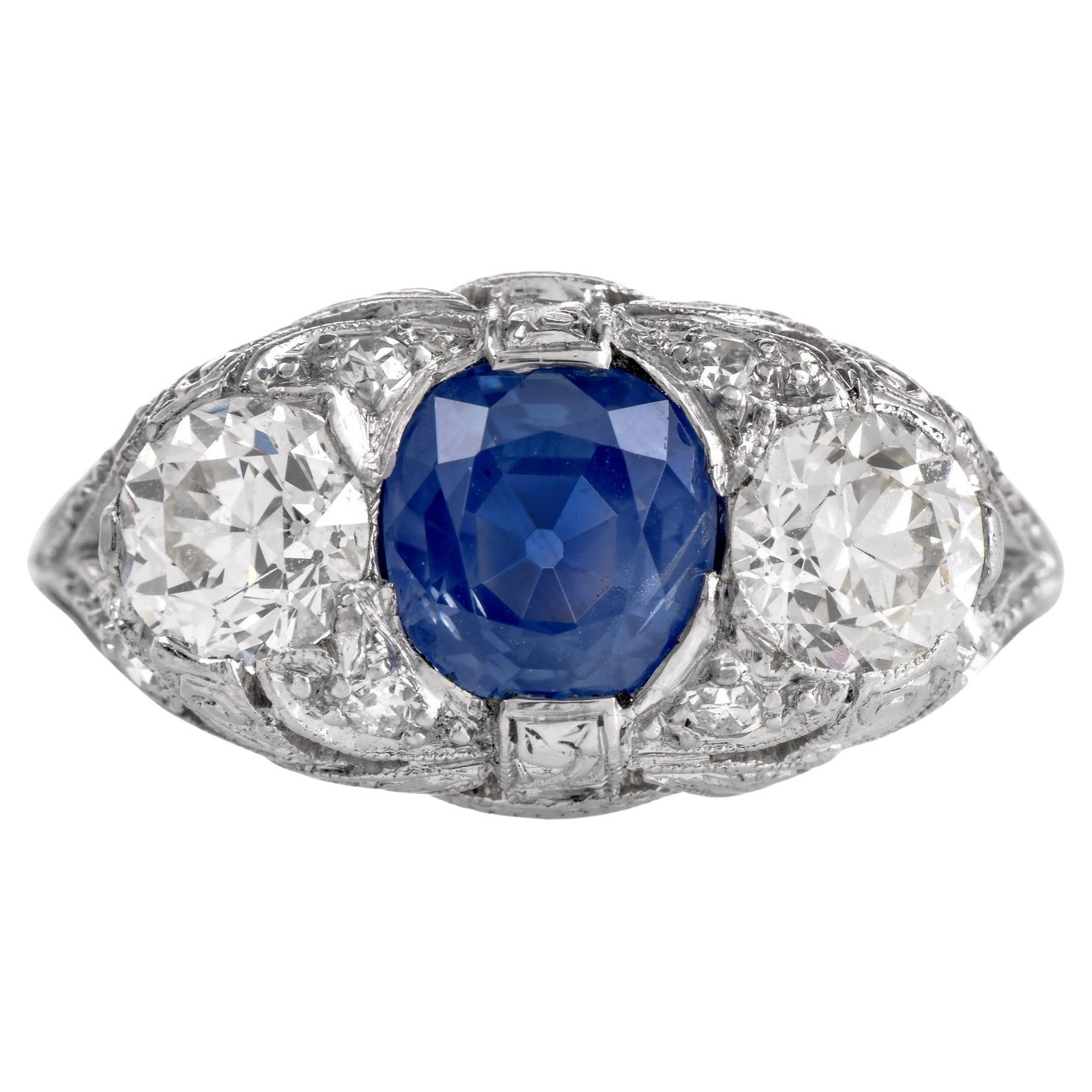Vintage Kashmir No Heat Sapphire  Diamond Platinum Three Stone Ring For Sale