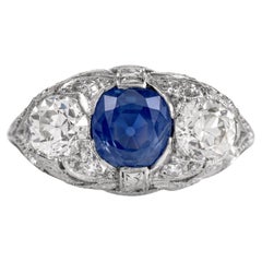 Retro Kashmir No Heat Sapphire  Diamond Platinum Three Stone Ring