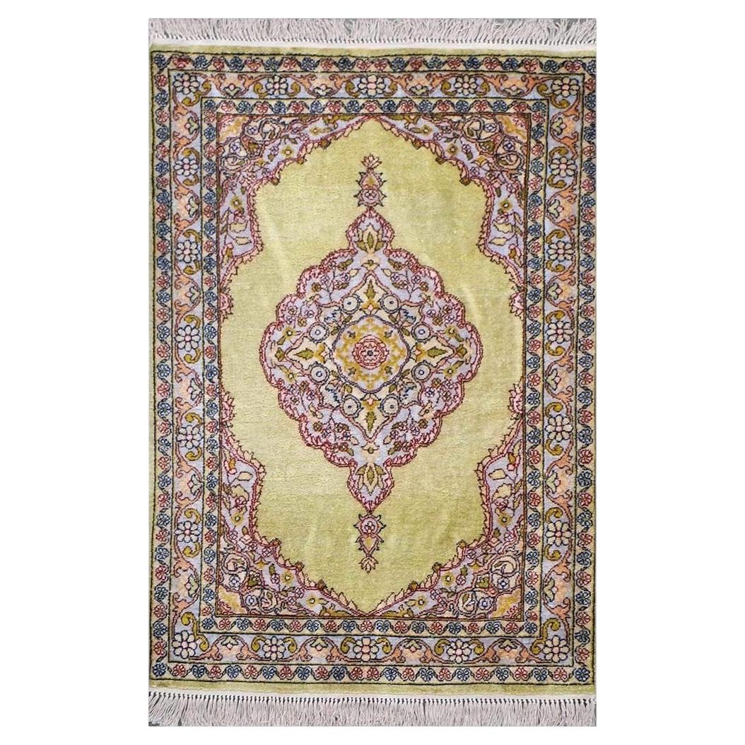 Vintage Kashmir Qum Silk 2x3 Light Green, Red & Blue Handmade Throw Rug For Sale