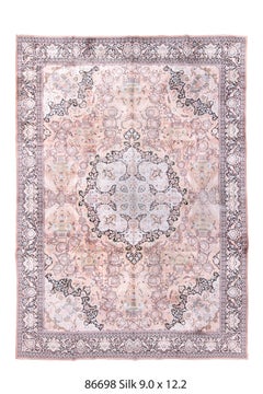 Vintage Kashmir Silk Carpet with a Round Medallion