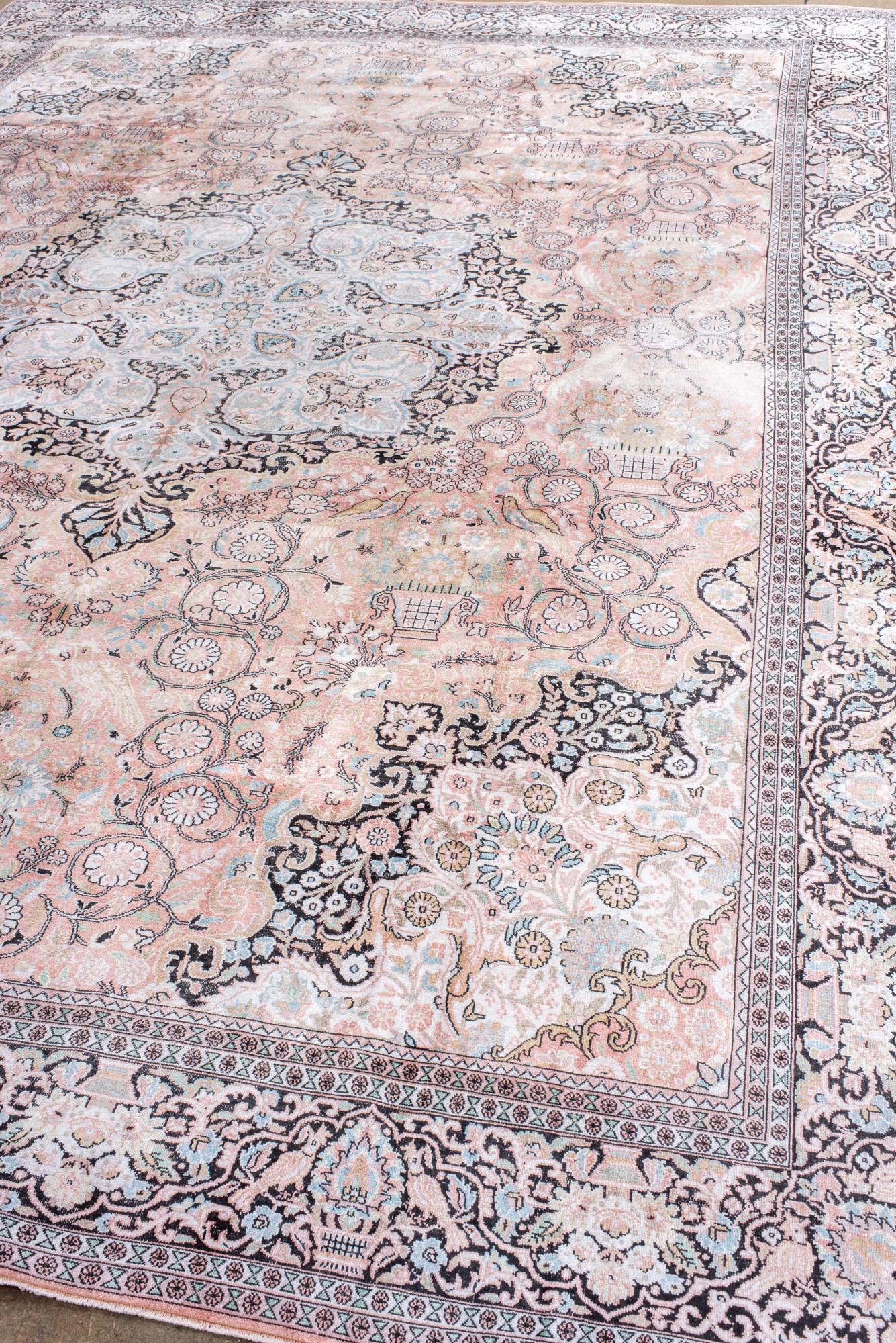 Indian Vintage Kashmir Silk Carpet with a Round Medallion For Sale