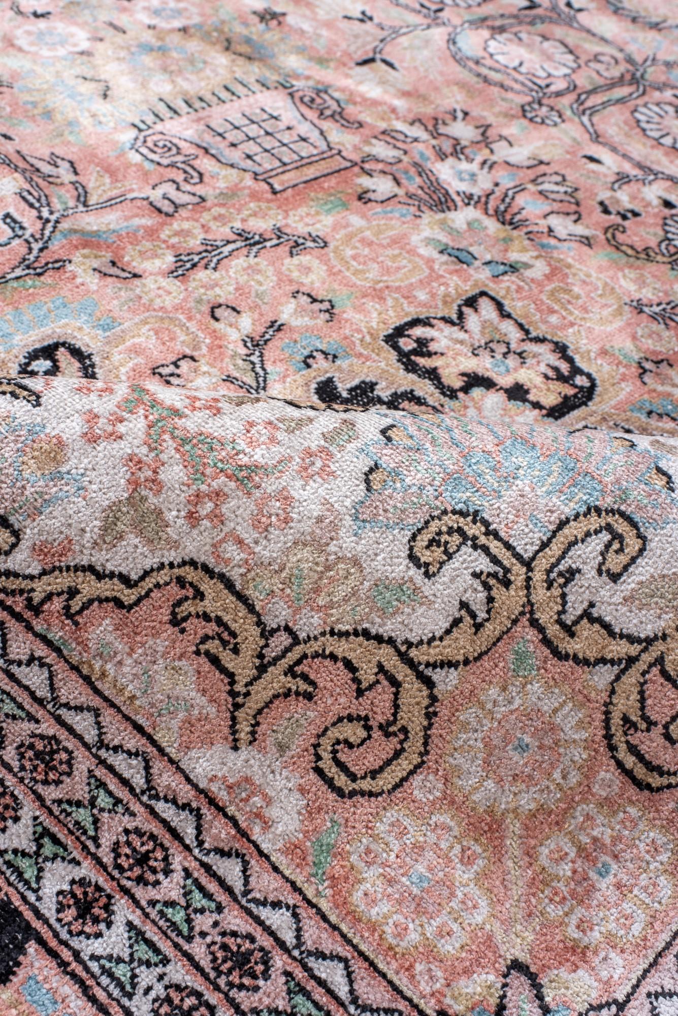 Vintage Kashmir Silk Carpet with a Round Medallion For Sale 1