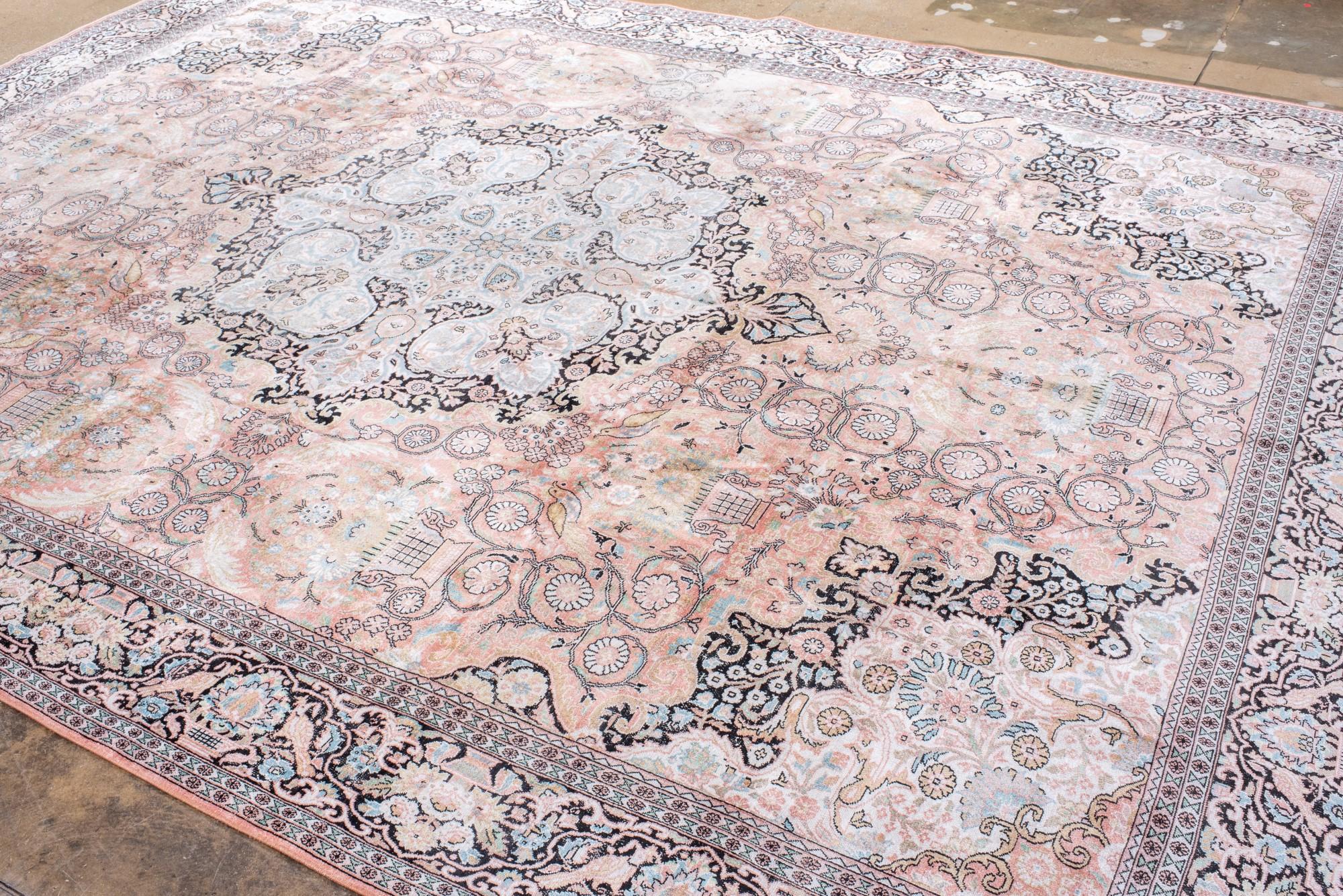 Vintage Kashmir Silk Carpet with a Round Medallion For Sale 2