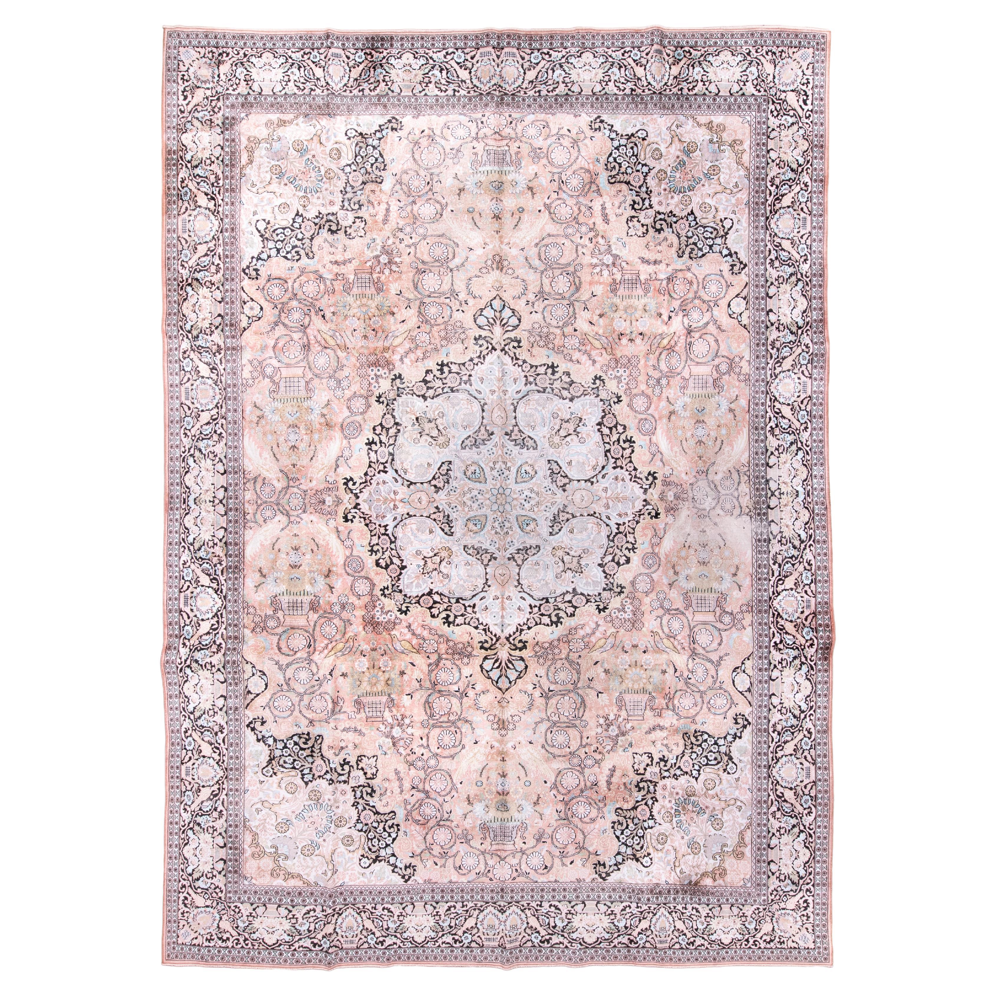 Vintage Kashmir Silk Carpet with a Round Medallion For Sale