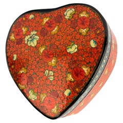 Vintage Kashmiri Heart Shaped Paper Mache Floral Decorated Box
