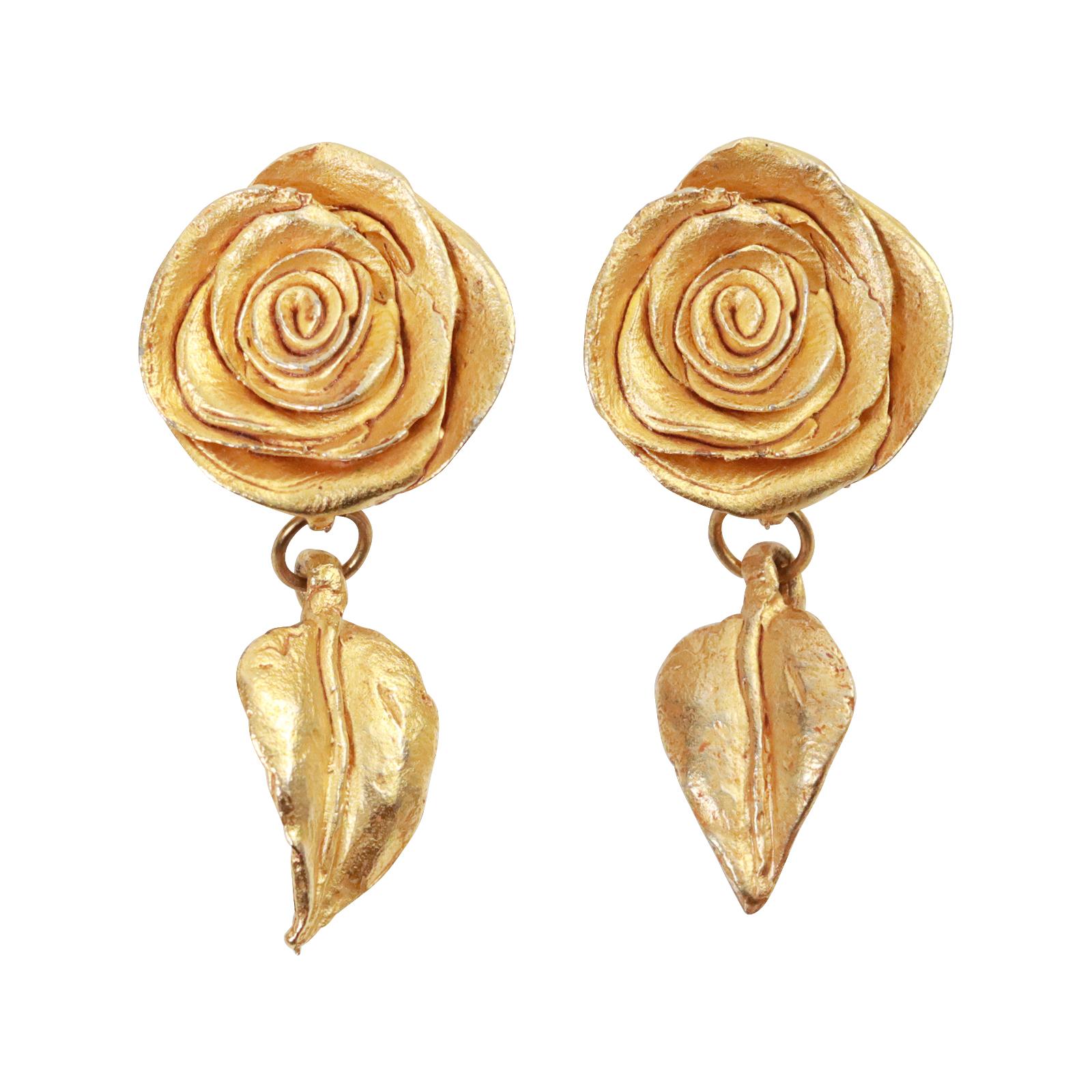 Vintage Kate Hines Gold Tone Flower With Drop Leaf Earrings Circa 1980s. These are some of the most gorgeous earrings ever and so well made.  The top is a rose that is a free form in matte gold that is just stunning and has a leaf that drops below.