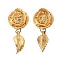 Vintage Kate Hines Gold Tone Flower With Drop Leaf Earrings Circa 1980s