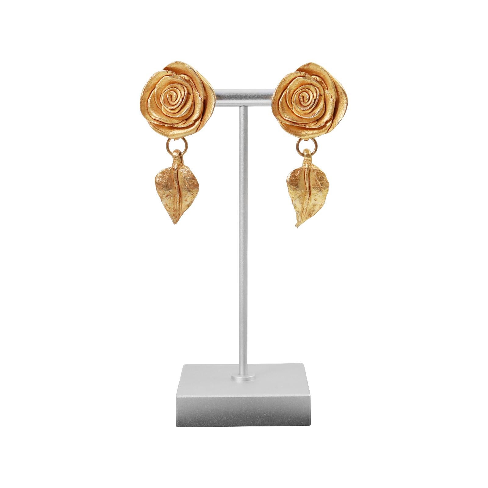 Women's or Men's Vintage Kate Hines Gold Tone Flower With Drop Leaf Earrings Circa 1980s For Sale