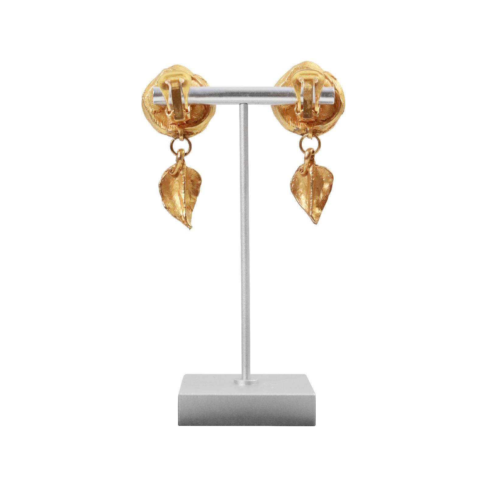 Vintage Kate Hines Gold Tone Flower With Drop Leaf Earrings Circa 1980s In Good Condition For Sale In New York, NY