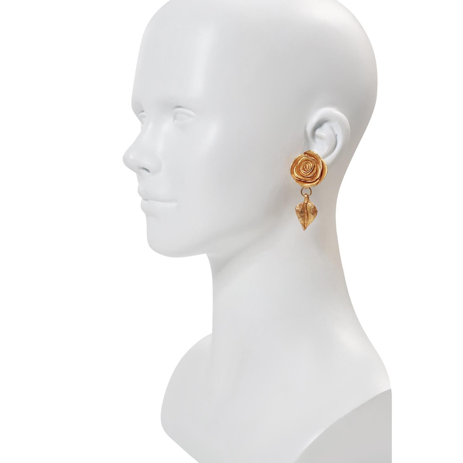 Vintage Kate Hines Gold Tone Flower With Drop Leaf Earrings Circa 1980s For Sale 1