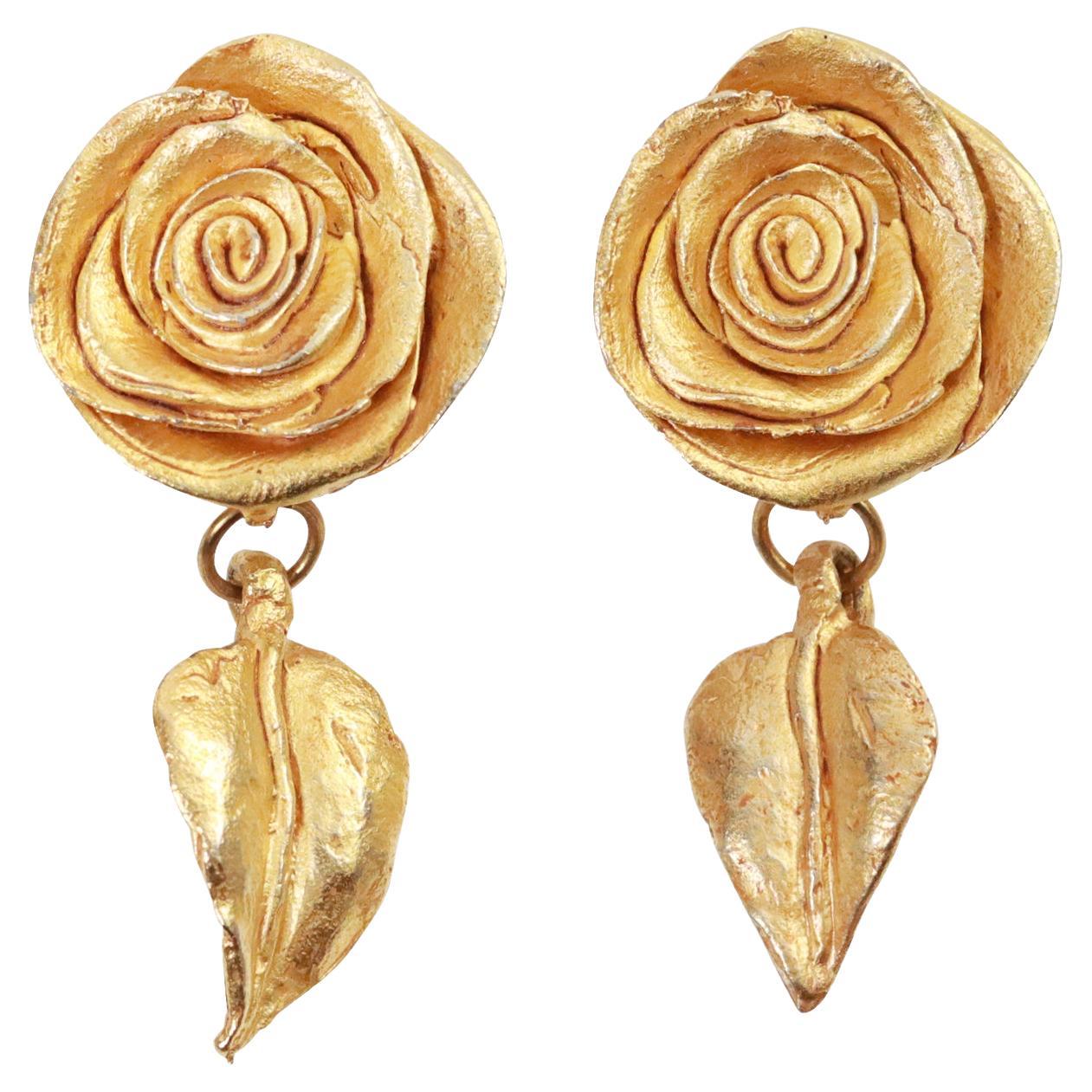 Vintage Kate Hines Gold Tone Flower With Drop Leaf Earrings Circa 1980s For Sale