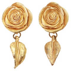 Retro Kate Hines Gold Tone Flower With Drop Leaf Earrings Circa 1980s