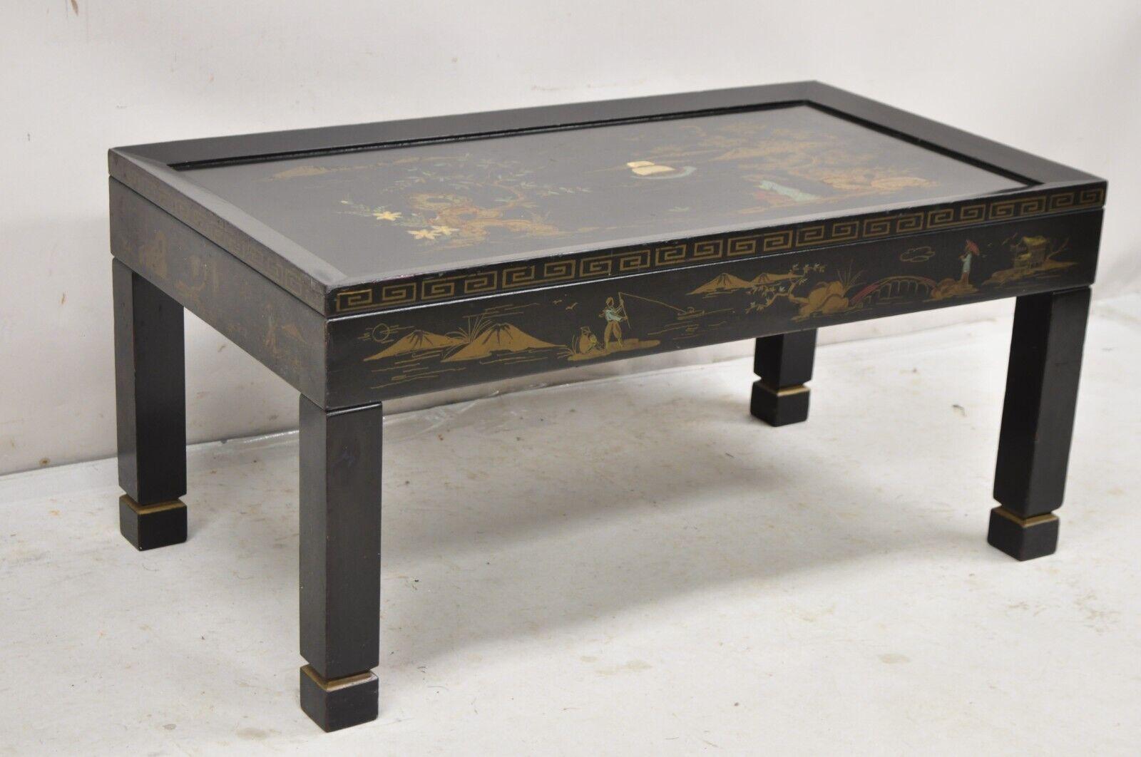 Vintage Katherine Henick Chinoiserie Chinese Black Hand Painted Coffee Table, Signed by Artist. Circa Mid 20th Century.
Measurements: 17
