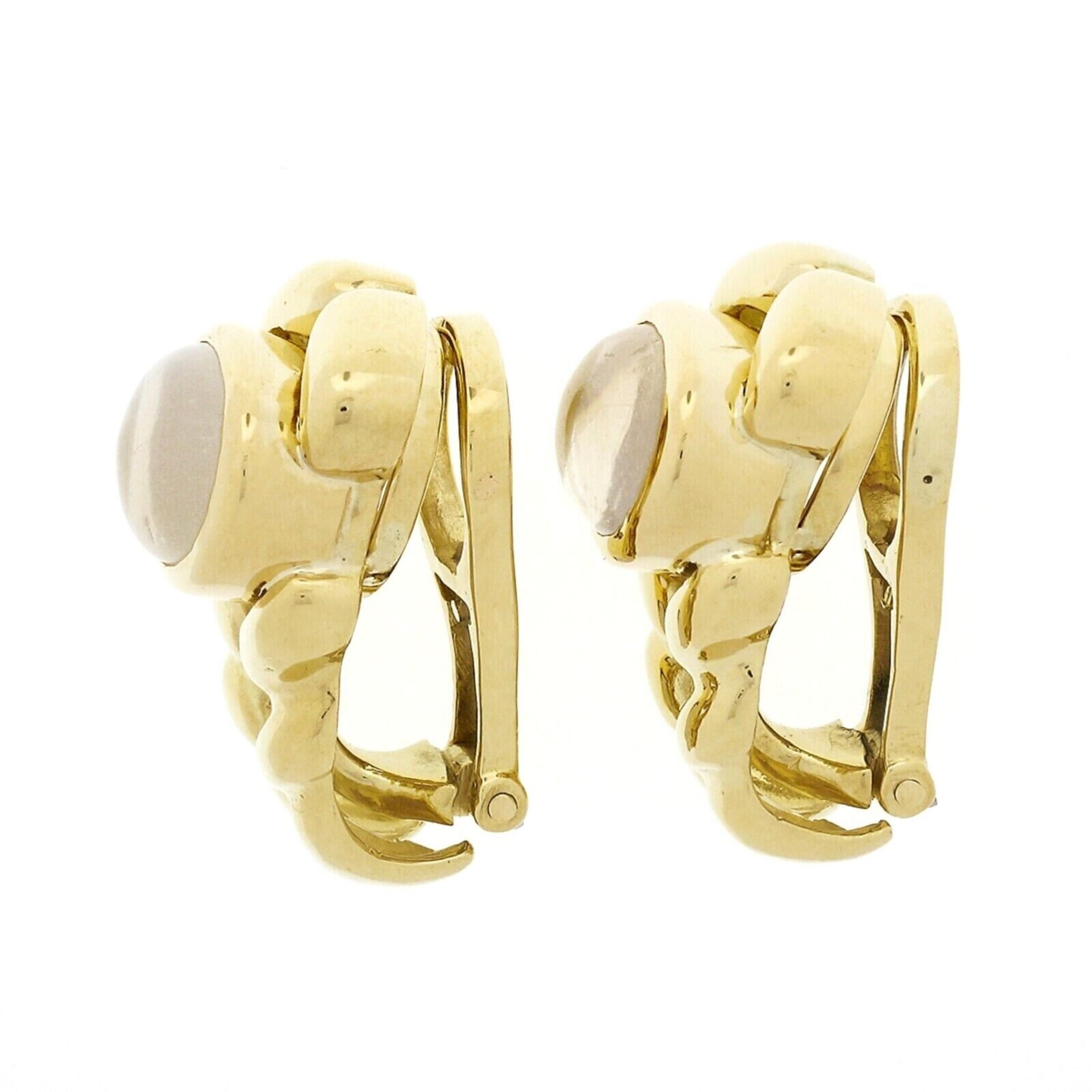 Oval Cut Vintage Kaufmann De Suisse 18K Gold Moonstone Wide Braided Clip on Cuff Earrings For Sale
