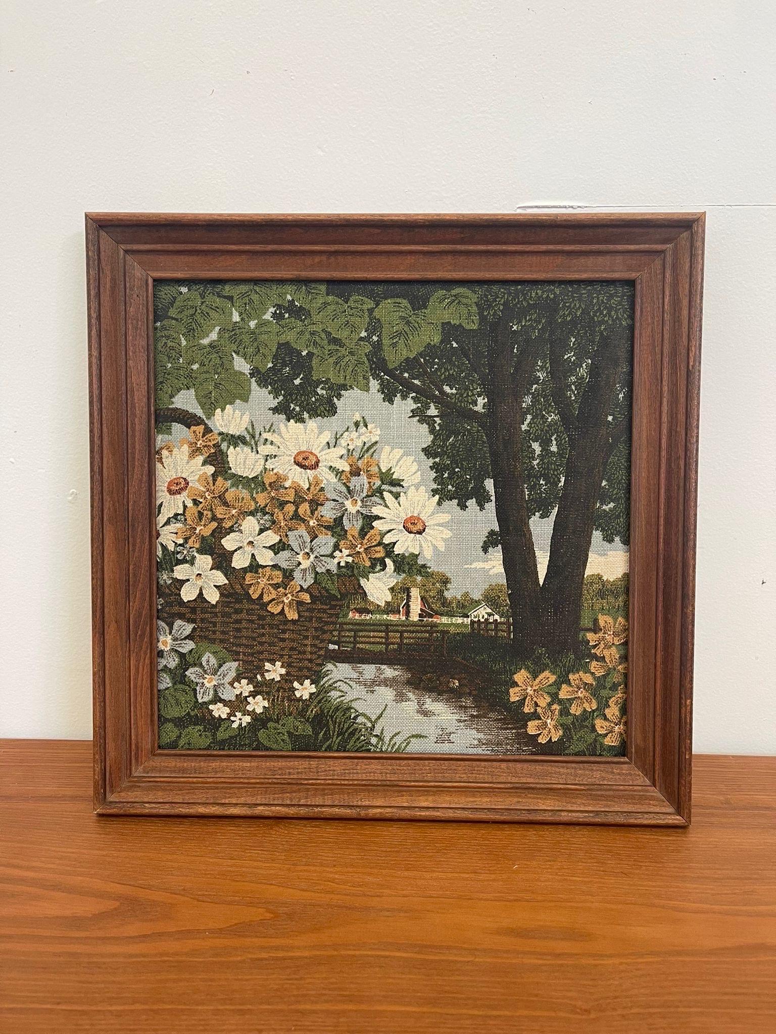 Vintage Linen Artwork of a Country Landscape. Frame Has Makers Mark on the Back. Vintage Condition Consistent with Age as Pictured.

Dimensions. 16 W ; 3/4 D ; 16 H