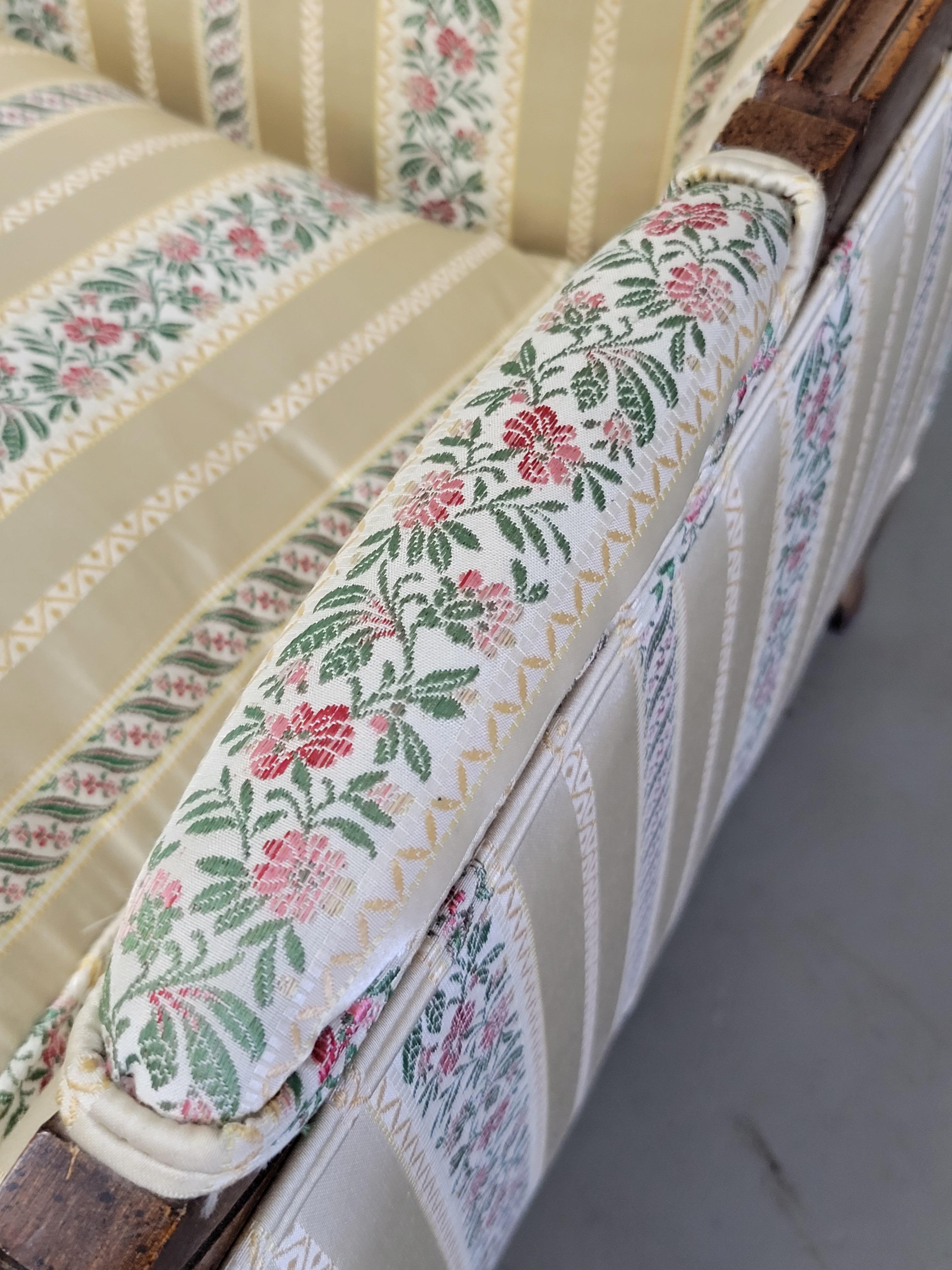 Vintage Kay Lyn Inc. Walnut and Sateen Stripe French Style Settee Loveseat In Good Condition In Centennial, CO