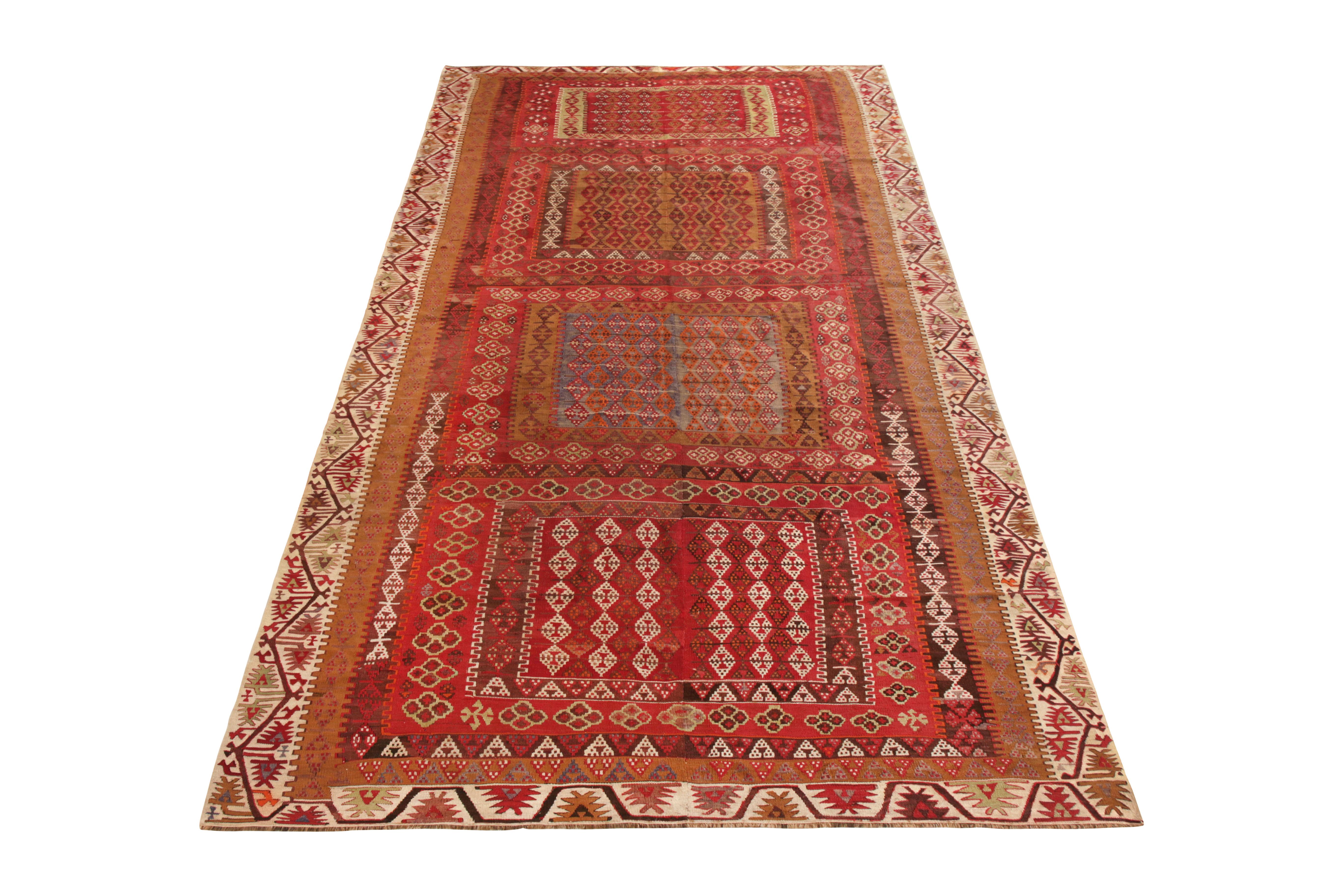 A revered Kayseri Kilim joining the vintage selections in Rug & celebrated Kilim & Flat Weave collection. Sized at 7x14, the geometric pattern flourishes to an exuberant scale, exemplifying this Turkish Kilim style from the 1950s-1960s period.