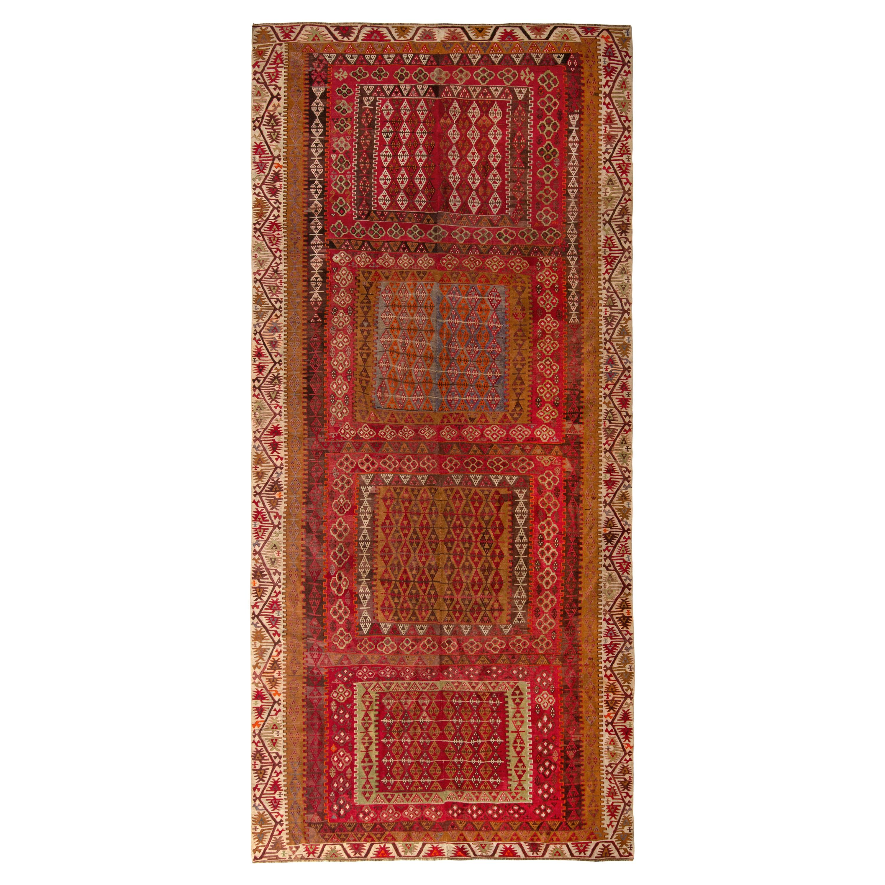 Vintage Kayseri Kilim Rug in Red and Brown Geometric pattern by Rug & Kilim For Sale
