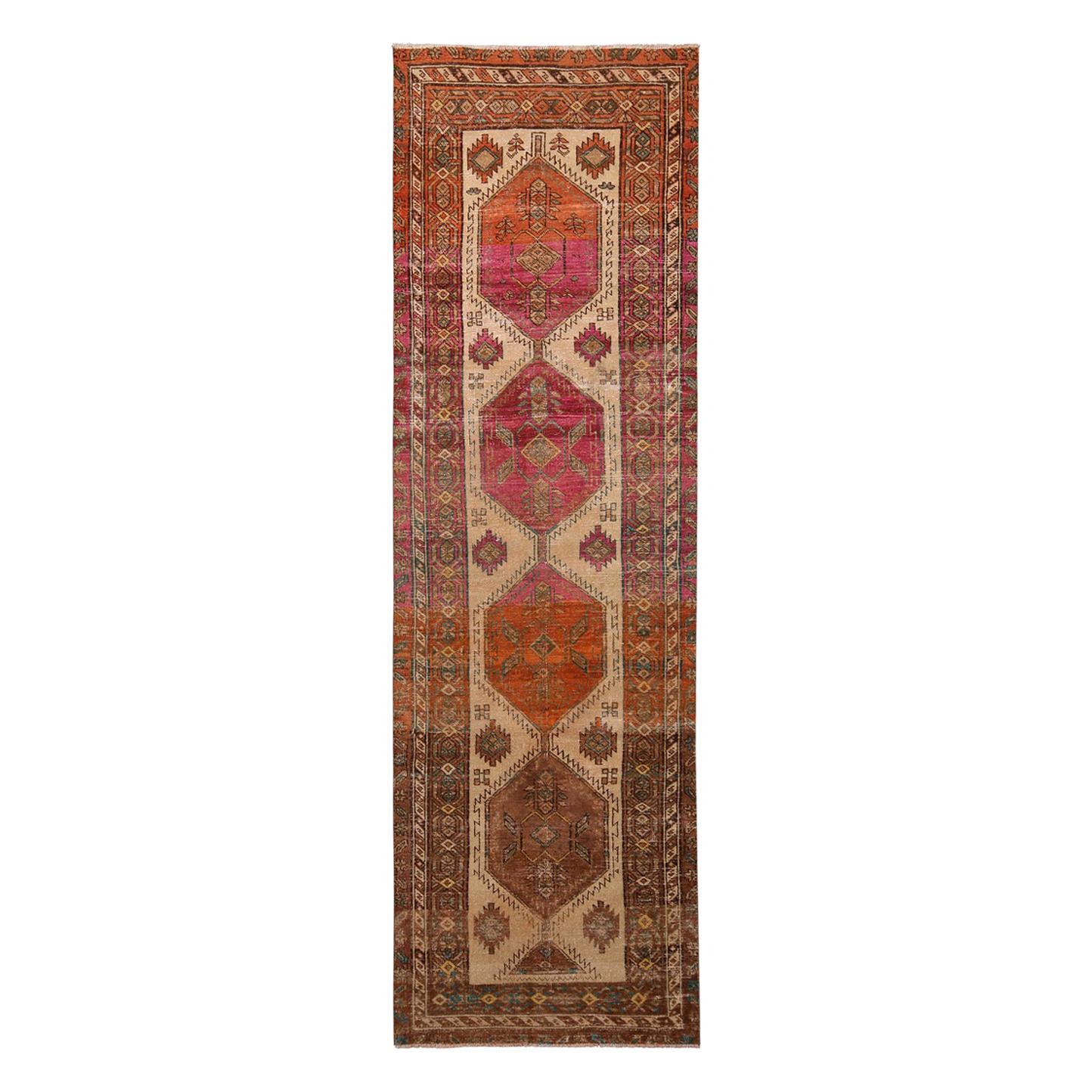 Vintage Kazak Beige Brown and Red Wool Runner by Rug & Kilim For Sale