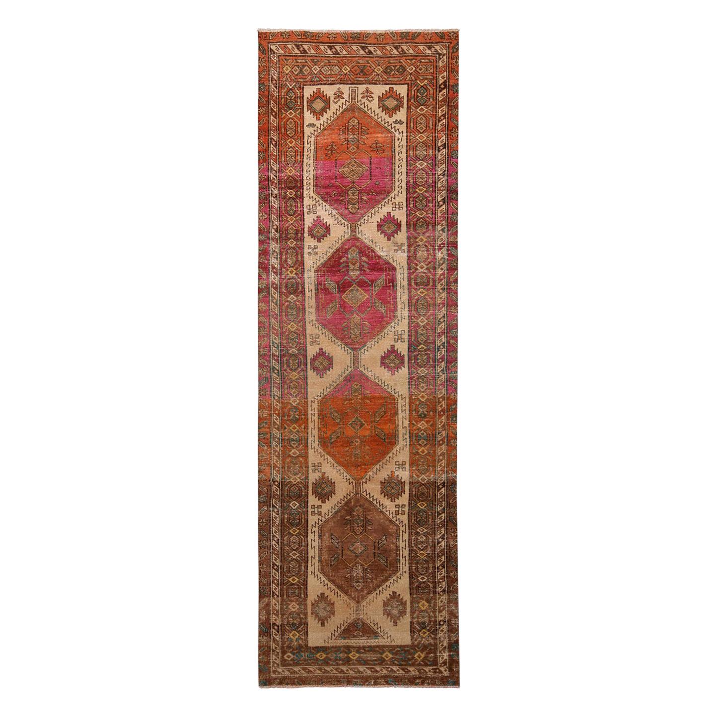 Vintage Kazak Beige Brown and Red Wool Runner by Rug & Kilim