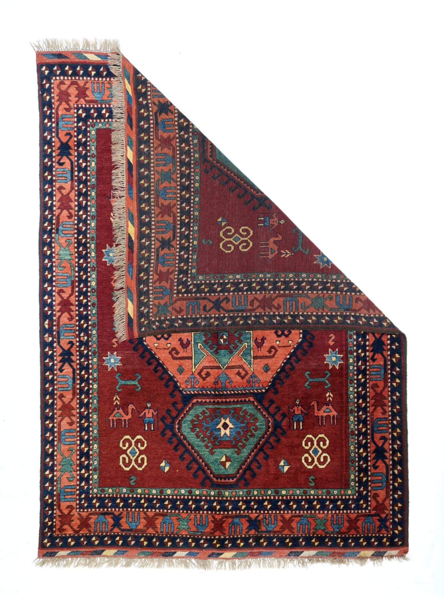 Vintage Kazak Design rug 5'4'' x 7'1''. This modern interpretation of a classic shows the characteristic octagonal medallion with a teal geometric palmette central cross. Eccentric green pendant lesser medallions. Hooked edges all around. Four
