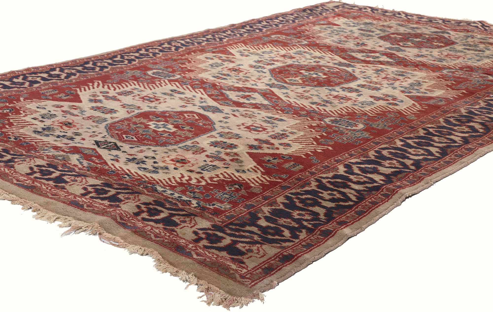 78712 Vintage Pakistani Kazak Rug, 04'02 x 06'04. Pakistani Kazak rugs are handwoven rugs crafted in Pakistan, drawing inspiration from traditional Kazak rugs of the Caucasus region. They feature bold geometric patterns, vibrant colors, and motifs