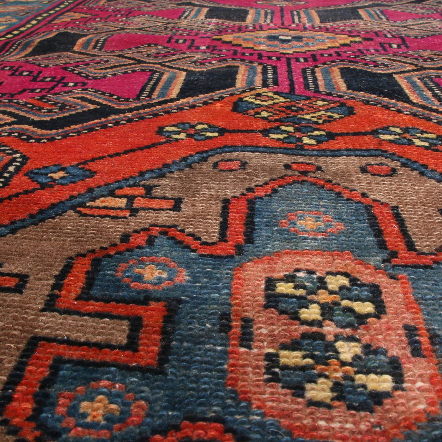 Hand-Knotted Vintage Kazak Red and Blue Wool Runner by Rug & Kilim For Sale